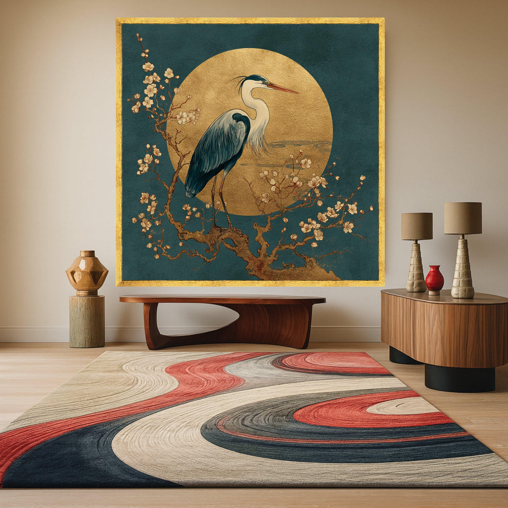 Elegant Heron Bird Canvas Wall Art, Golden Moon and Cherry Blossom Tree, Asian Style Nature Decor, Zen Inspired Canvas Painting, Ready to