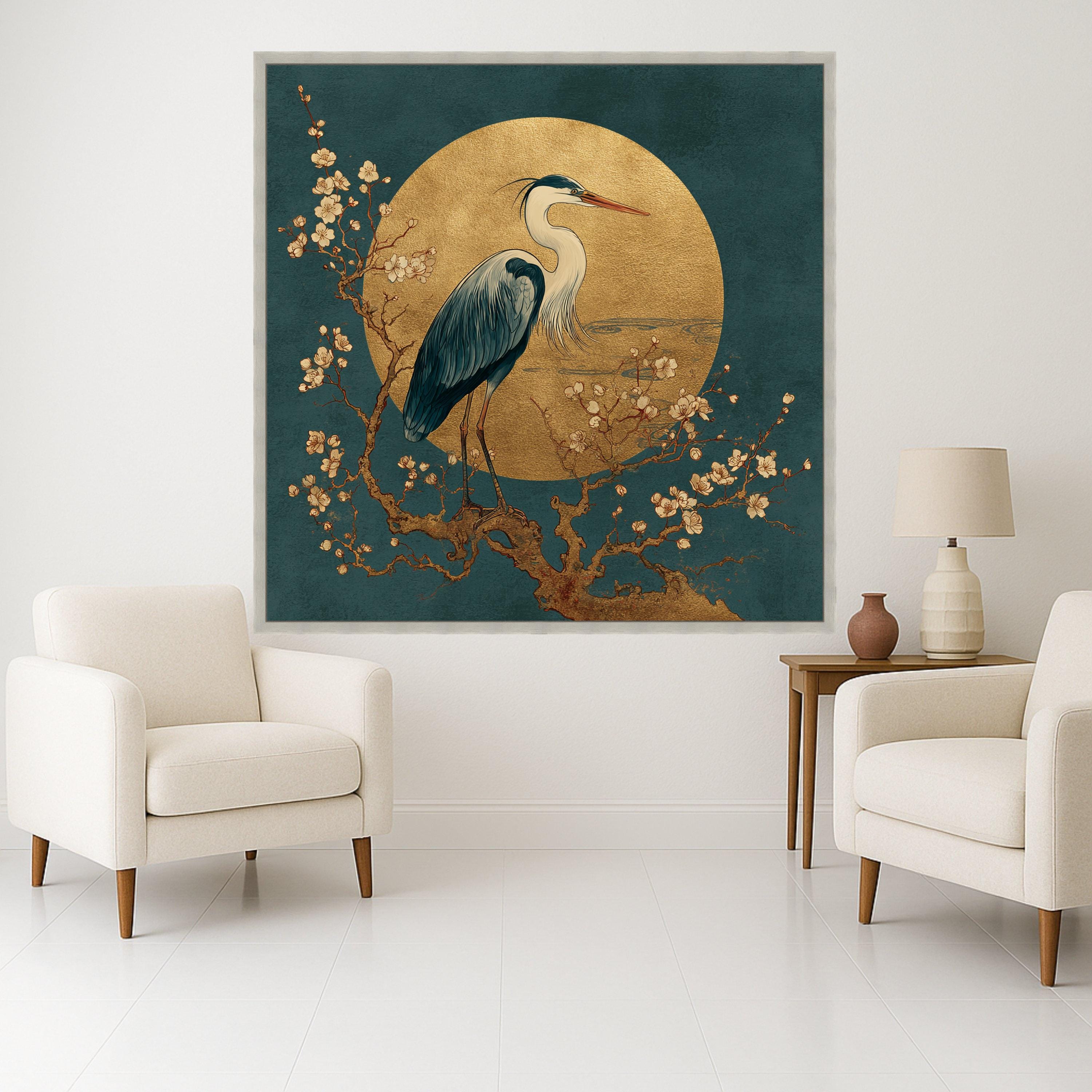 Elegant Heron Bird Canvas Wall Art, Golden Moon and Cherry Blossom Tree, Asian Style Nature Decor, Zen Inspired Canvas Painting, Ready to