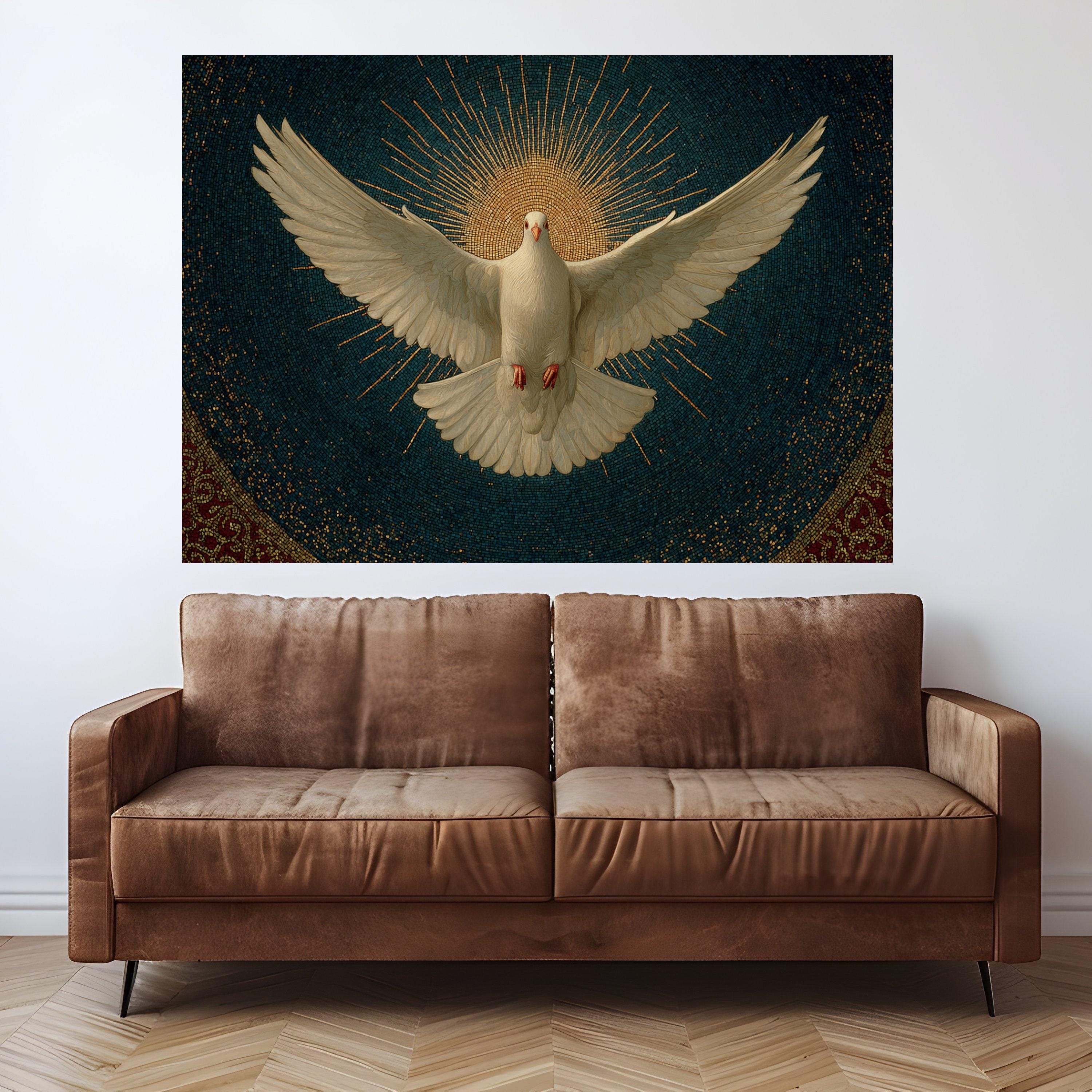 White Dove with Radiant Halo Canvas, Spiritual Wall Art, Peace Symbol Canvas, Religious Mosaic Design, Inspirational Home Decor