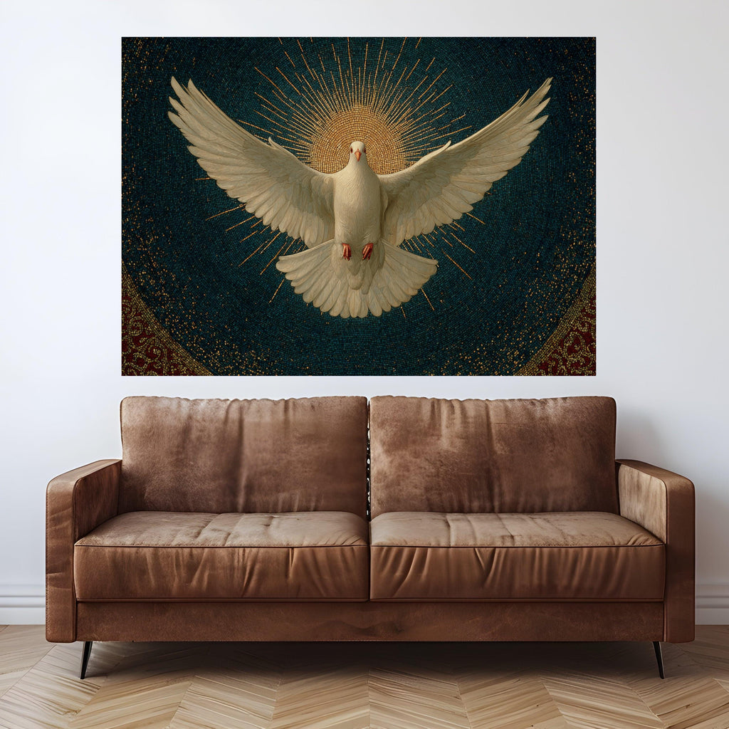 White Dove with Radiant Halo Canvas, Spiritual Wall Art, Peace Symbol Canvas, Religious Mosaic Design, Inspirational Home Decor