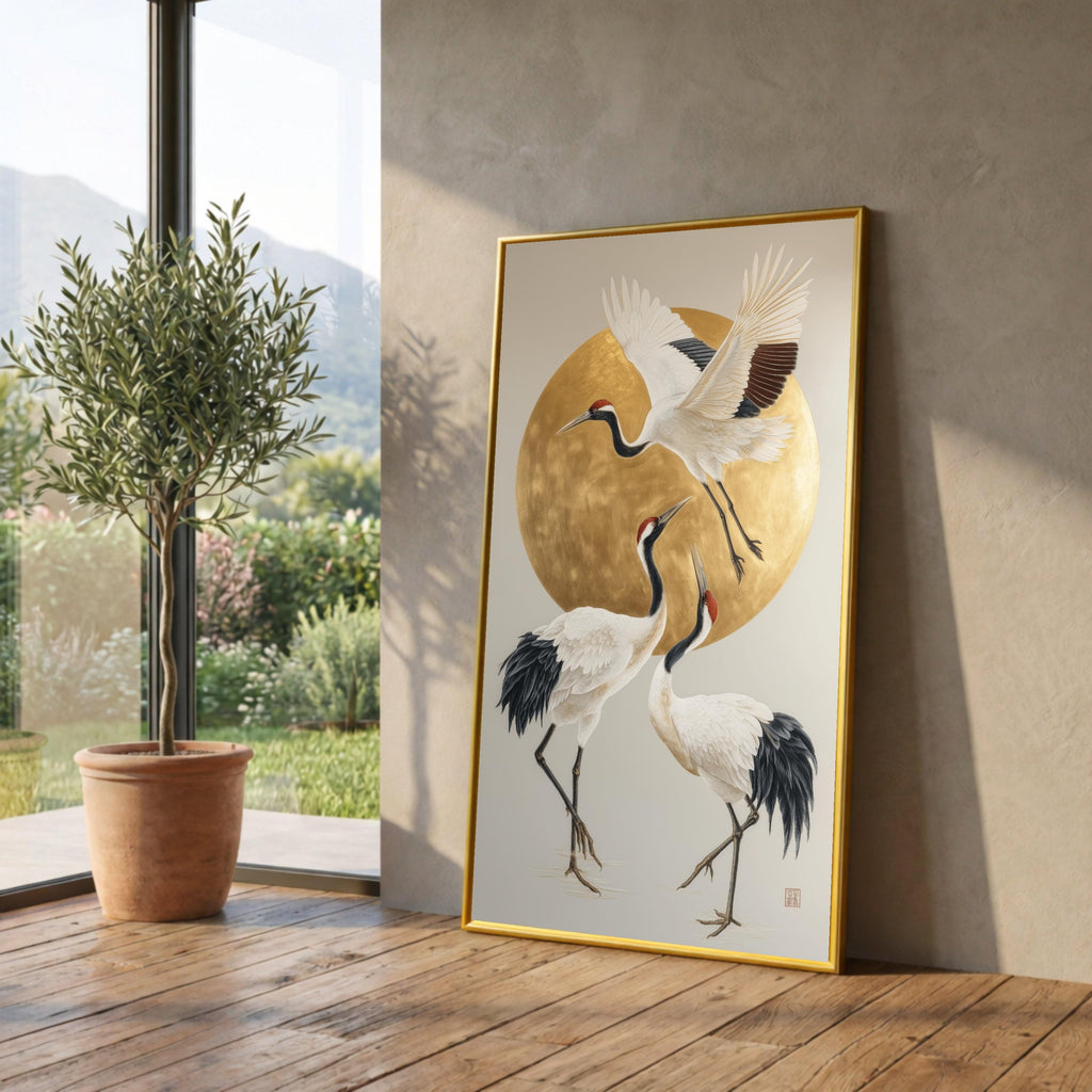 Elegant Red-Crowned Cranes Canvas Wall Art, Japanese Crane Painting, Gold Circle Background, Asian Inspired Bird Artwork, Modern Nature