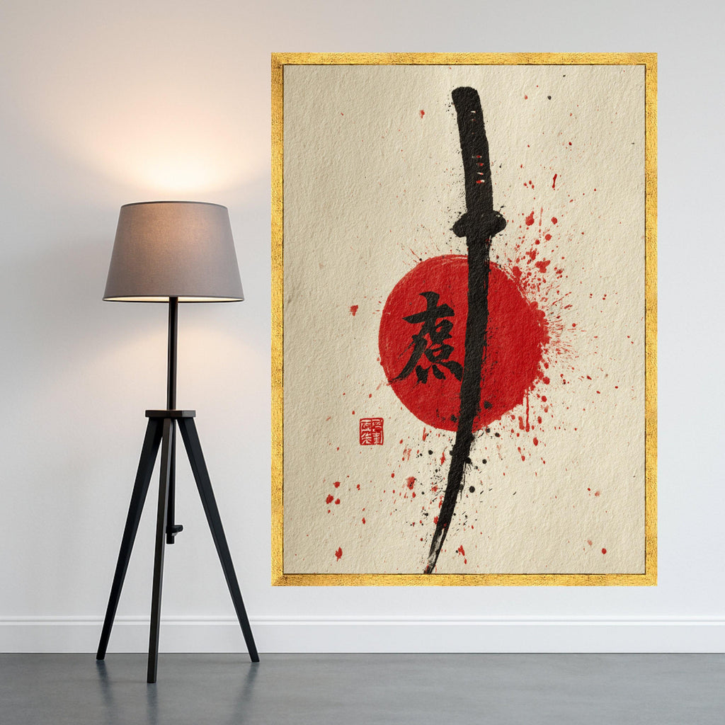 Samurai Sword Canvas Wall Art, Japanese Katana Painting, Red Sun Ink Splash, Asian Calligraphy Art, Modern Oriental Wall Decor