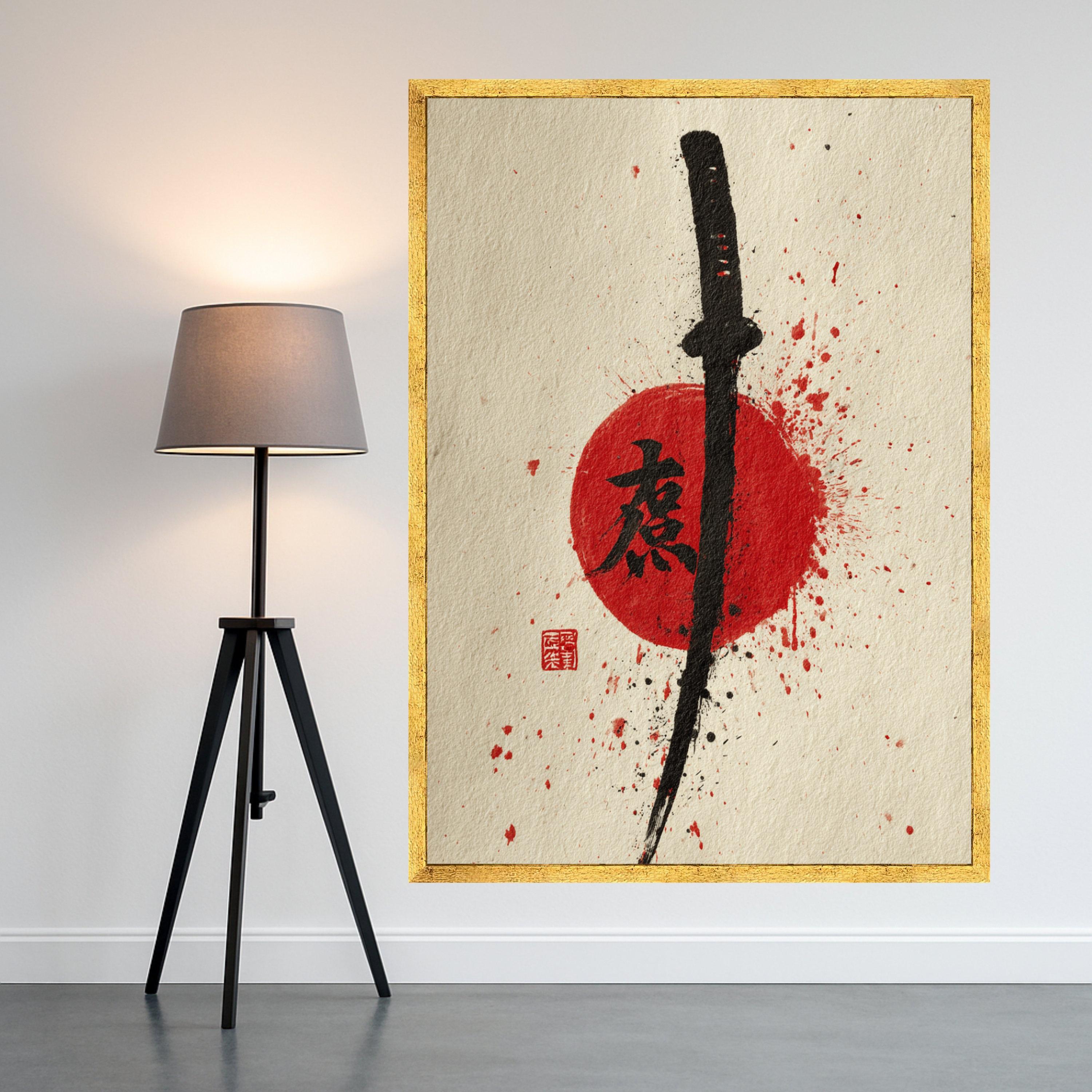 Samurai Sword Canvas Wall Art, Japanese Katana Painting, Red Sun Ink Splash, Asian Calligraphy Art, Modern Oriental Wall Decor