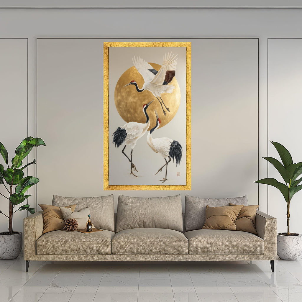 Elegant Red-Crowned Cranes Canvas Wall Art, Japanese Crane Painting, Gold Circle Background, Asian Inspired Bird Artwork, Modern Nature