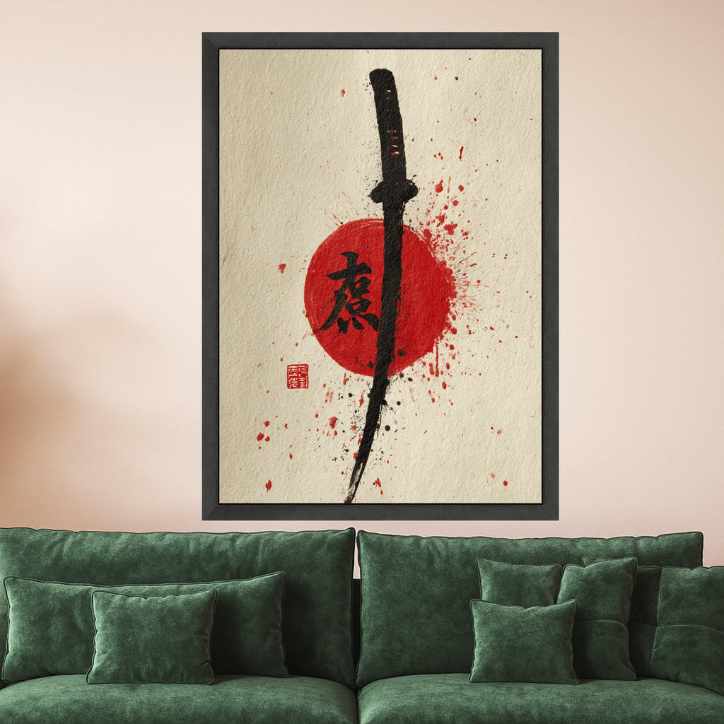 Samurai Sword Canvas Wall Art, Japanese Katana Painting, Red Sun Ink Splash, Asian Calligraphy Art, Modern Oriental Wall Decor
