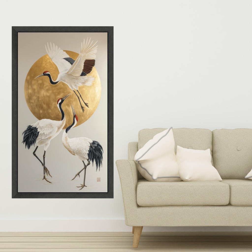 Elegant Red-Crowned Cranes Canvas Wall Art, Japanese Crane Painting, Gold Circle Background, Asian Inspired Bird Artwork, Modern Nature