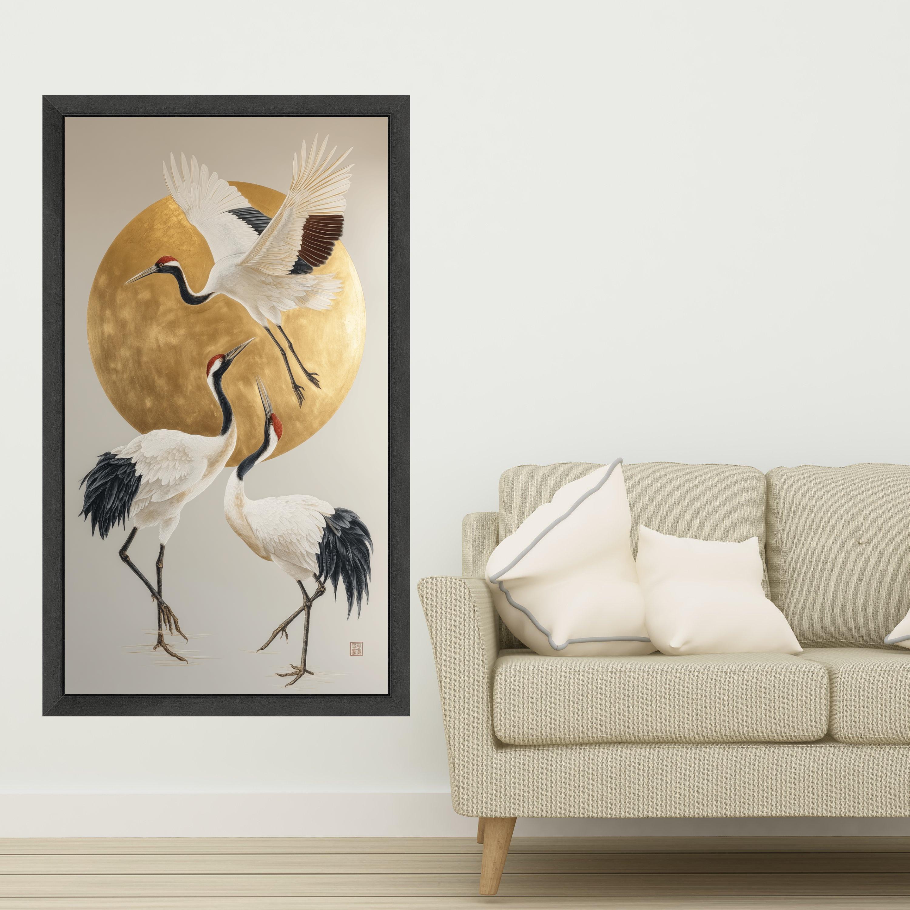 Elegant Red-Crowned Cranes Canvas Wall Art, Japanese Crane Painting, Gold Circle Background, Asian Inspired Bird Artwork, Modern Nature