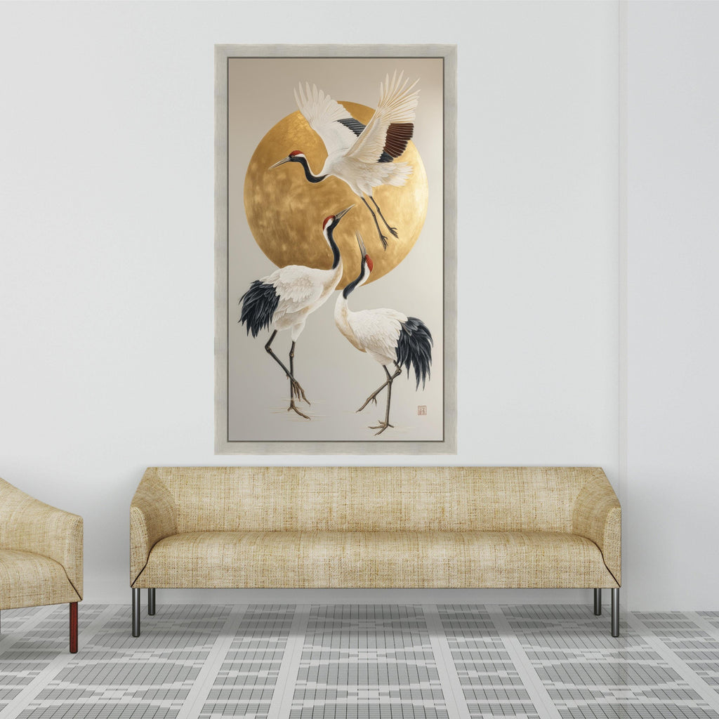 Elegant Red-Crowned Cranes Canvas Wall Art, Japanese Crane Painting, Gold Circle Background, Asian Inspired Bird Artwork, Modern Nature