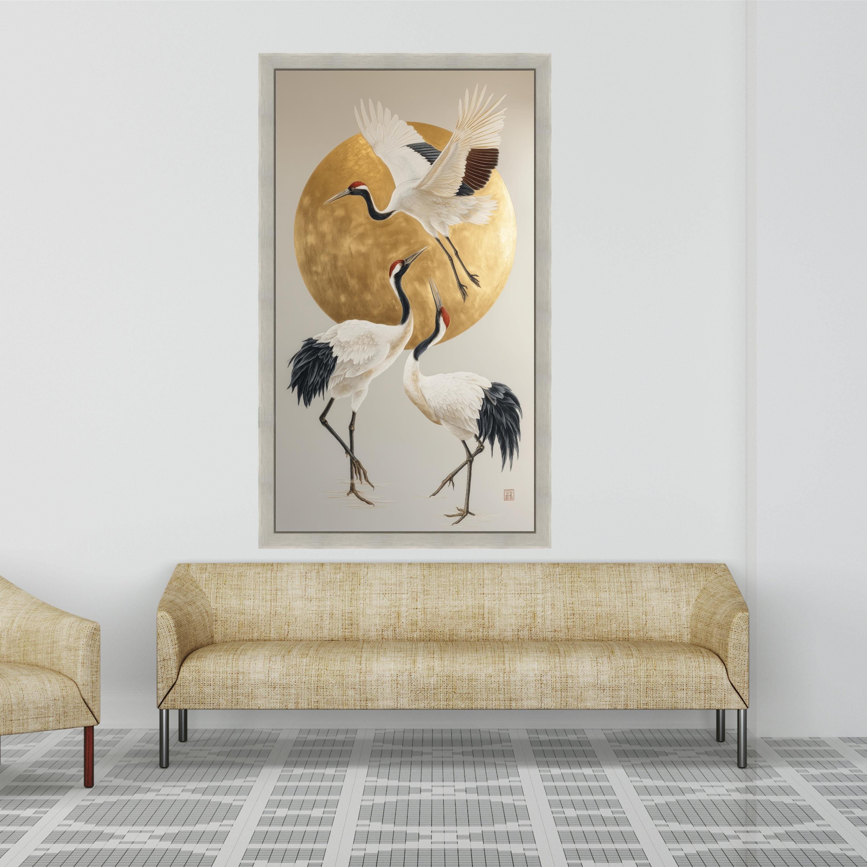 Elegant Red-Crowned Cranes Canvas Wall Art, Japanese Crane Painting, Gold Circle Background, Asian Inspired Bird Artwork, Modern Nature