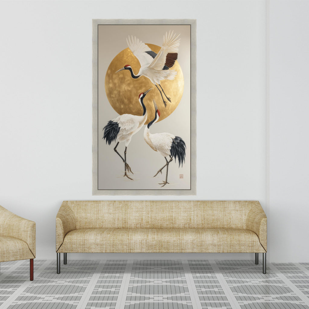 Elegant Red-Crowned Cranes Canvas Wall Art, Japanese Crane Painting, Gold Circle Background, Asian Inspired Bird Artwork, Modern Nature