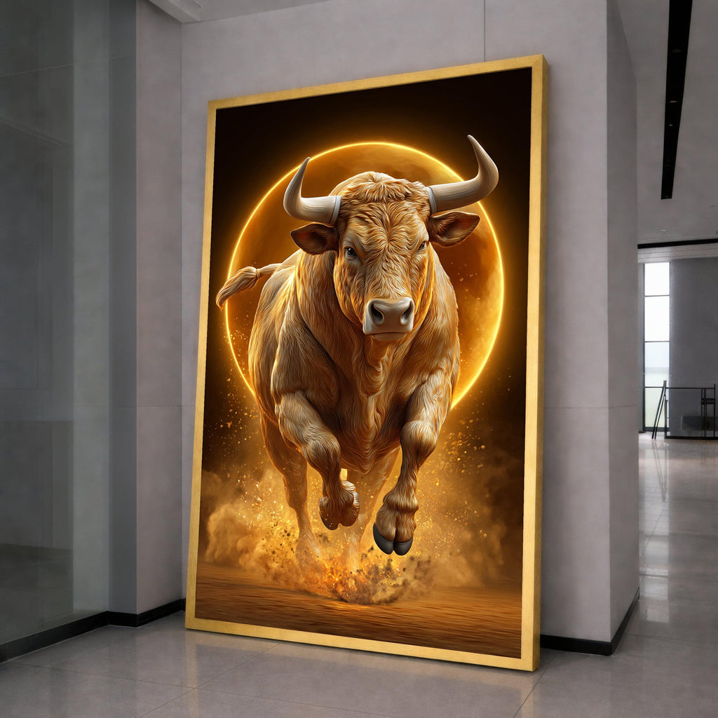 Powerful Bull Charging Canvas Wall Art, Golden Light Animal Print, Strength and Energy Home Decor, Dynamic Wildlife Canvas, Ready to Hang