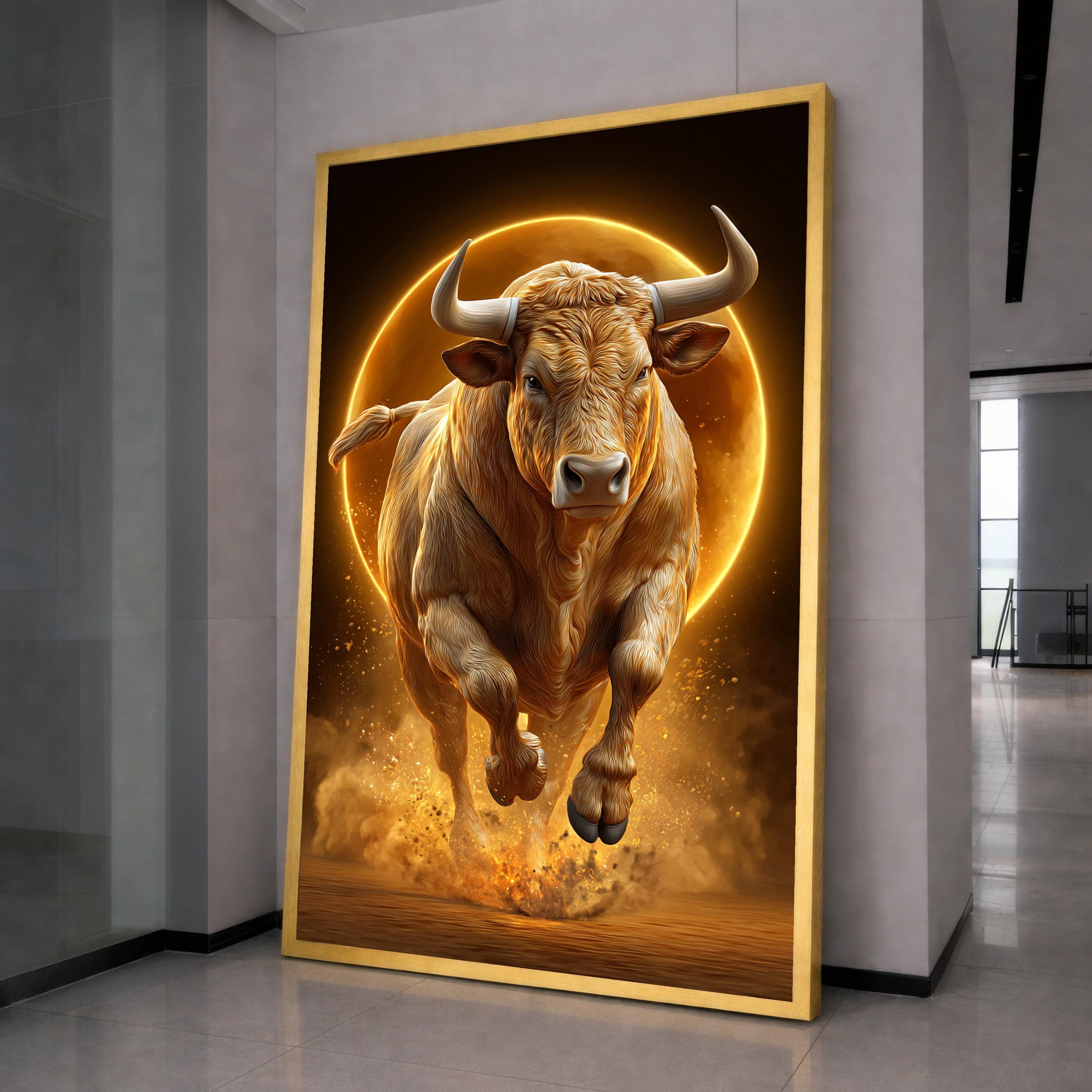Powerful Bull Charging Canvas Wall Art, Golden Light Animal Print, Strength and Energy Home Decor, Dynamic Wildlife Canvas, Ready to Hang