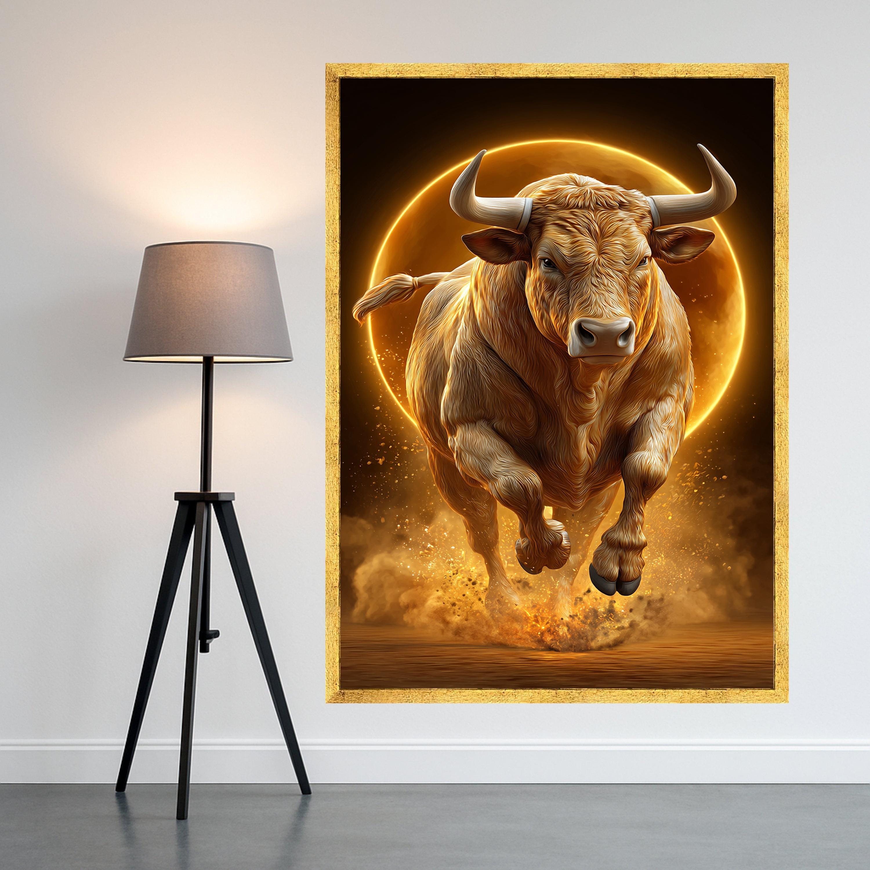Powerful Bull Charging Canvas Wall Art, Golden Light Animal Print, Strength and Energy Home Decor, Dynamic Wildlife Canvas, Ready to Hang