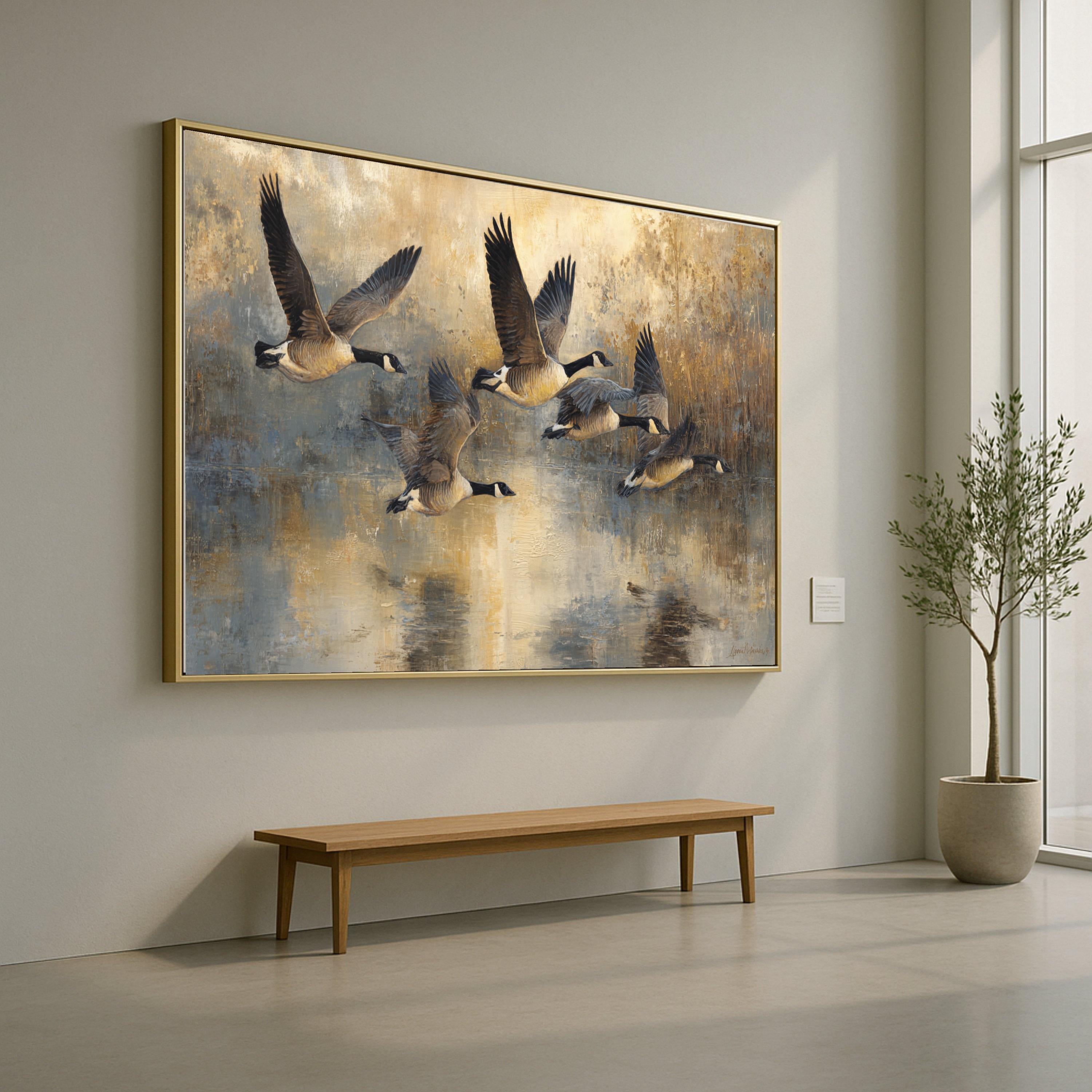 Flying Canada Geese Canvas Wall Art, Nature Birds in Flight Painting, Rustic Wildlife Home Decor, Neutral Color Landscape Canvas, Ready to