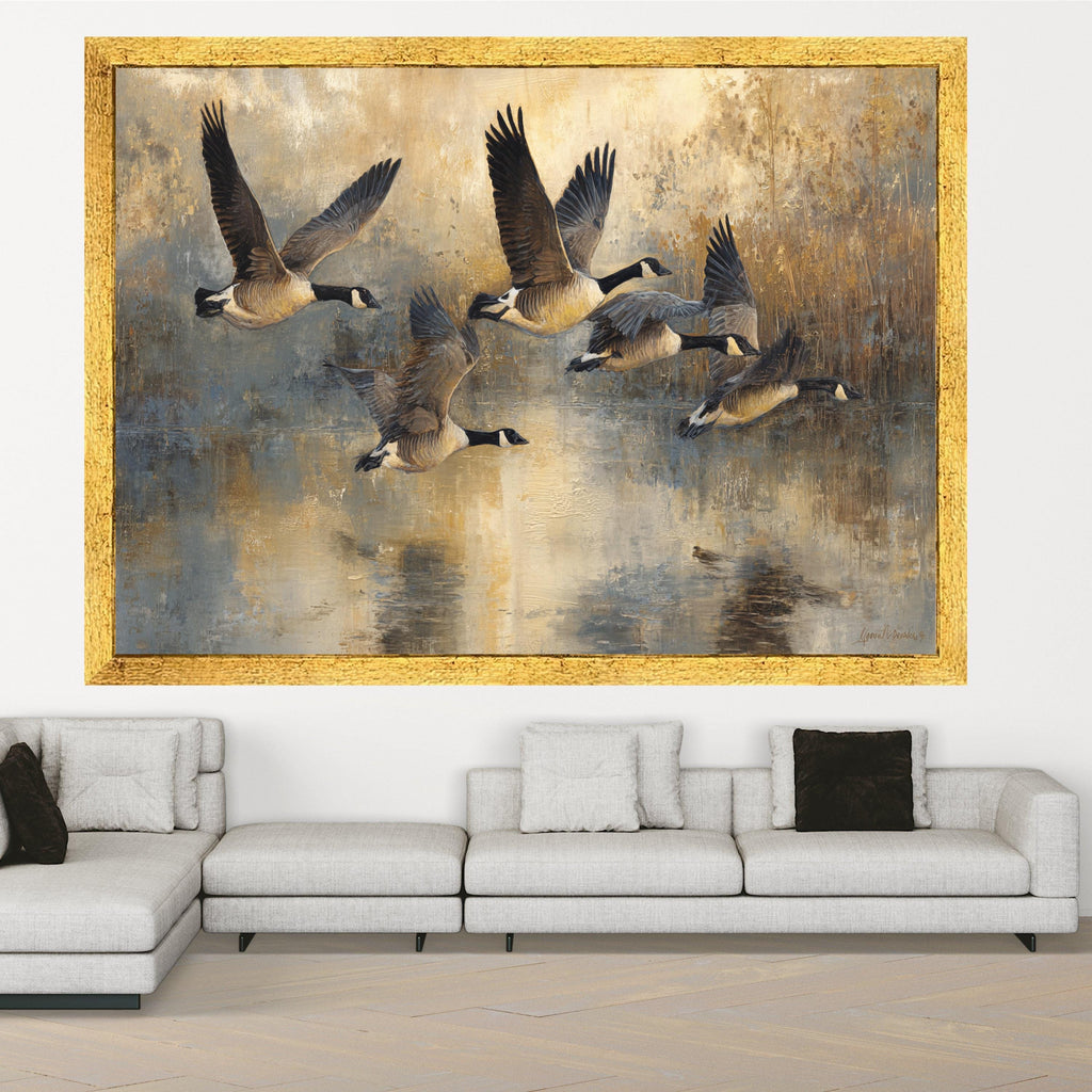 Flying Canada Geese Canvas Wall Art, Nature Birds in Flight Painting, Rustic Wildlife Home Decor, Neutral Color Landscape Canvas, Ready to