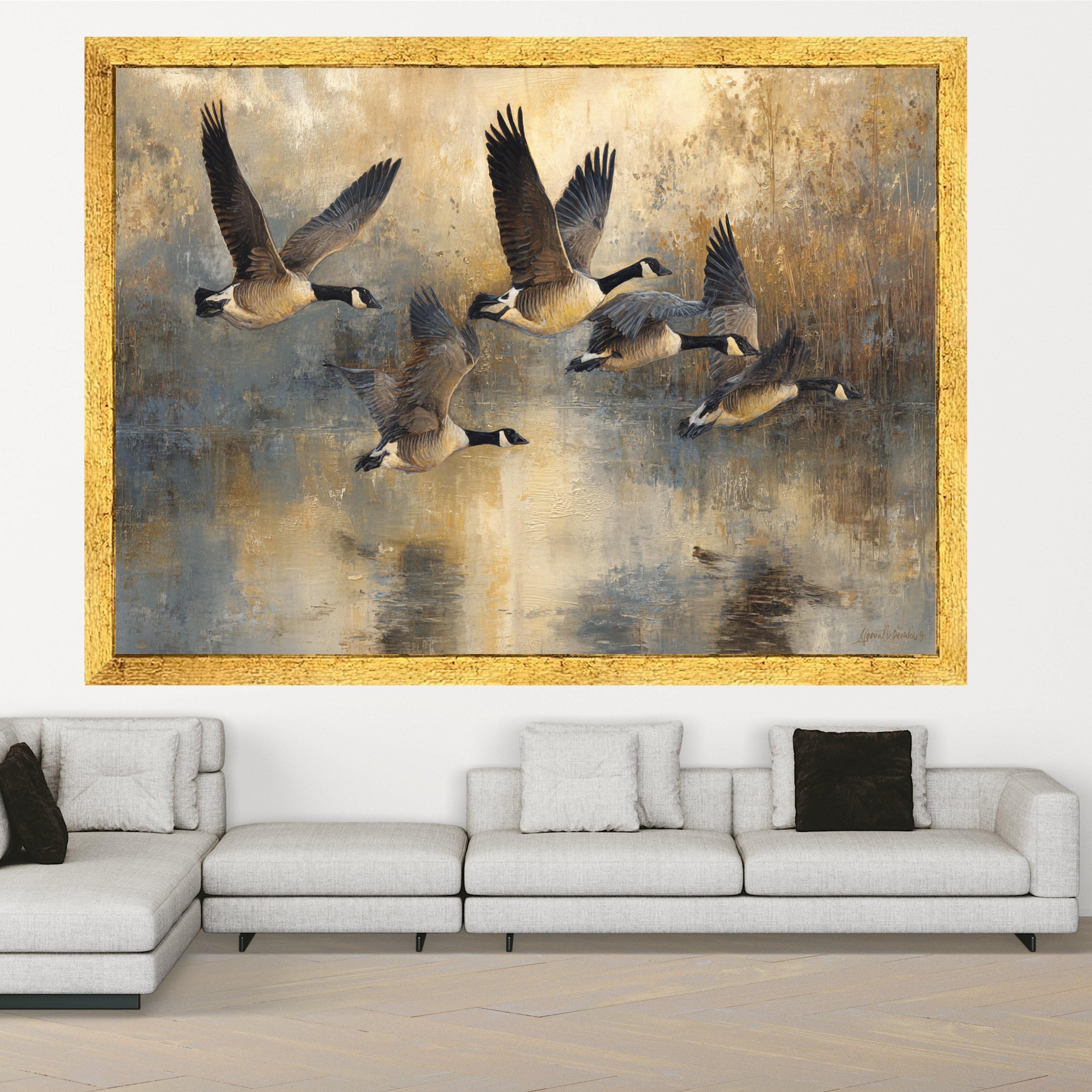 Flying Canada Geese Canvas Wall Art, Nature Birds in Flight Painting, Rustic Wildlife Home Decor, Neutral Color Landscape Canvas, Ready to