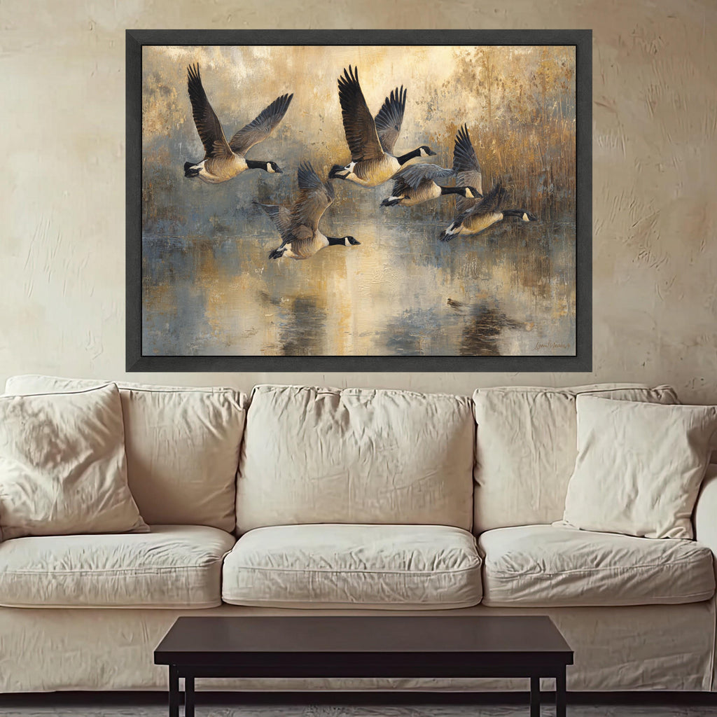 Flying Canada Geese Canvas Wall Art, Nature Birds in Flight Painting, Rustic Wildlife Home Decor, Neutral Color Landscape Canvas, Ready to