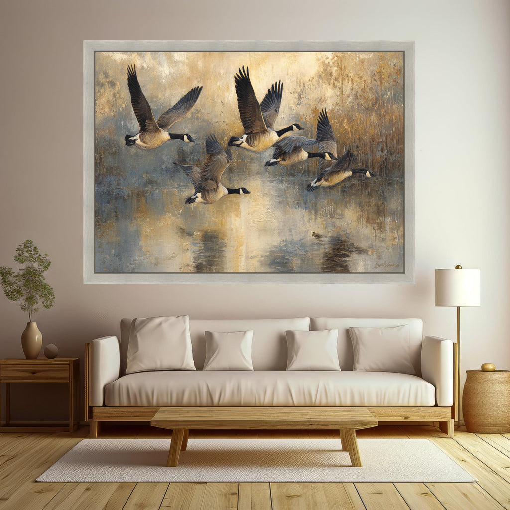 Flying Canada Geese Canvas Wall Art, Nature Birds in Flight Painting, Rustic Wildlife Home Decor, Neutral Color Landscape Canvas, Ready to
