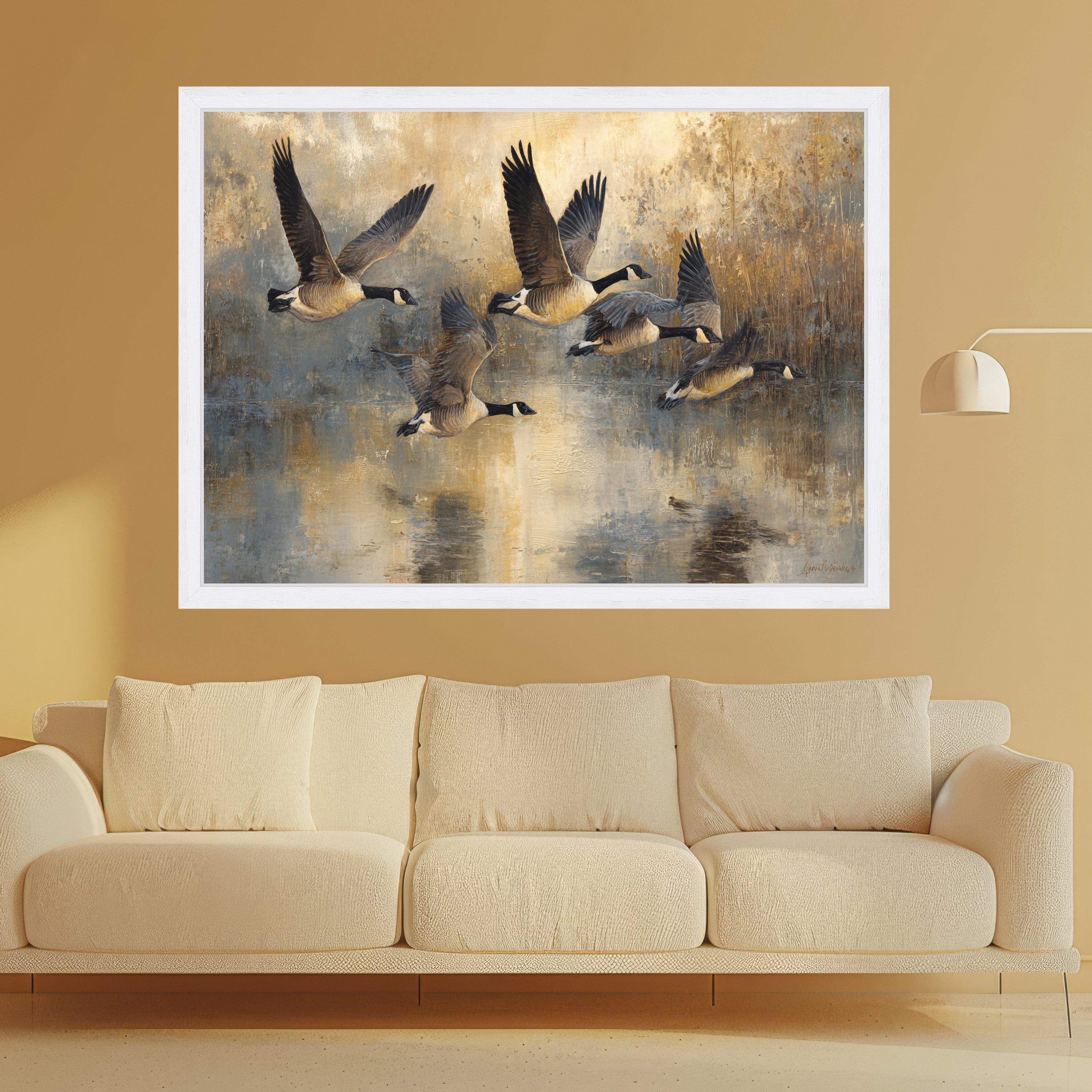 Flying Canada Geese Canvas Wall Art, Nature Birds in Flight Painting, Rustic Wildlife Home Decor, Neutral Color Landscape Canvas, Ready to