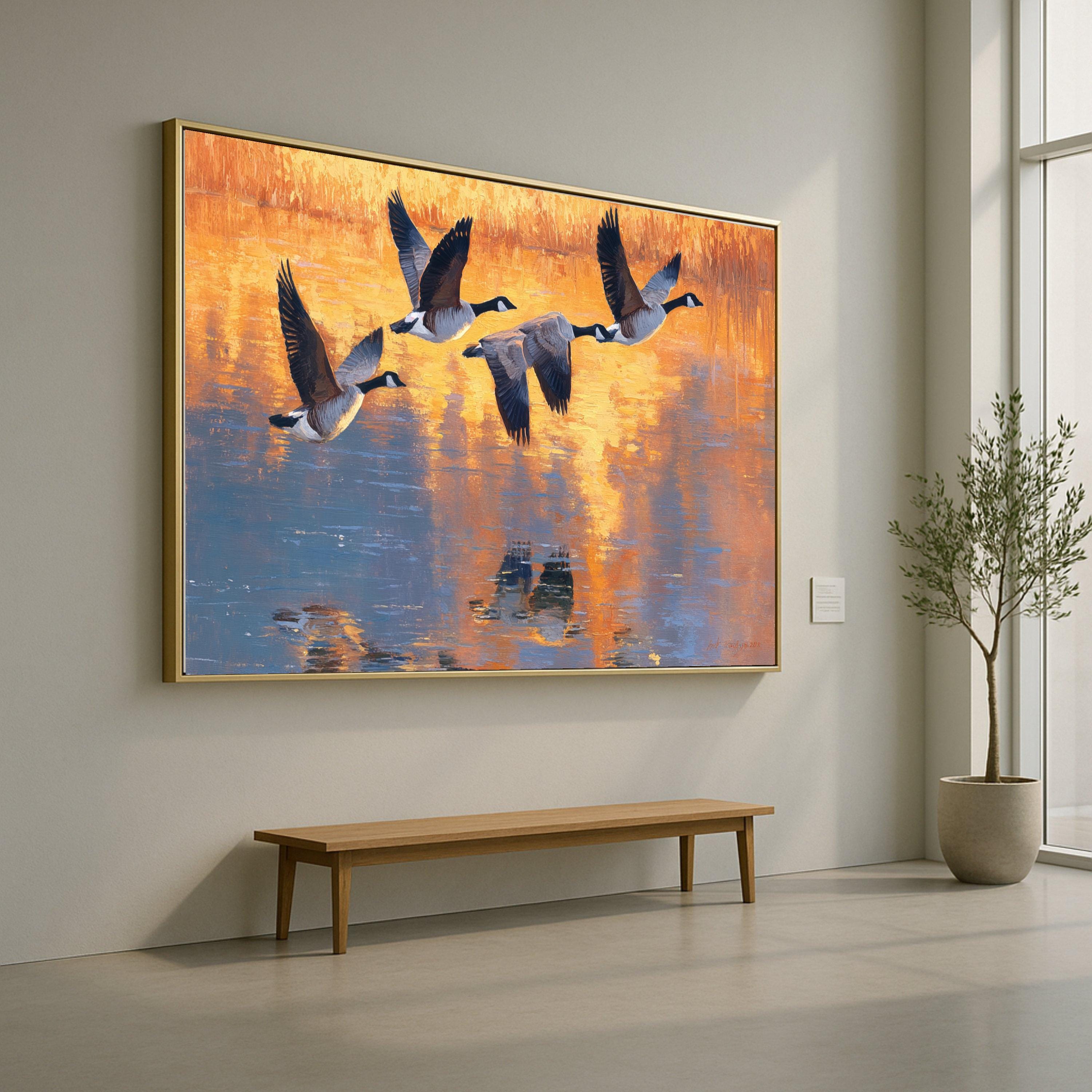Flying Geese Canvas Wall Art, Sunset Reflection Painting, Wildlife Nature Canvas, Home Decor Landscape, Bird Migration Wall Art