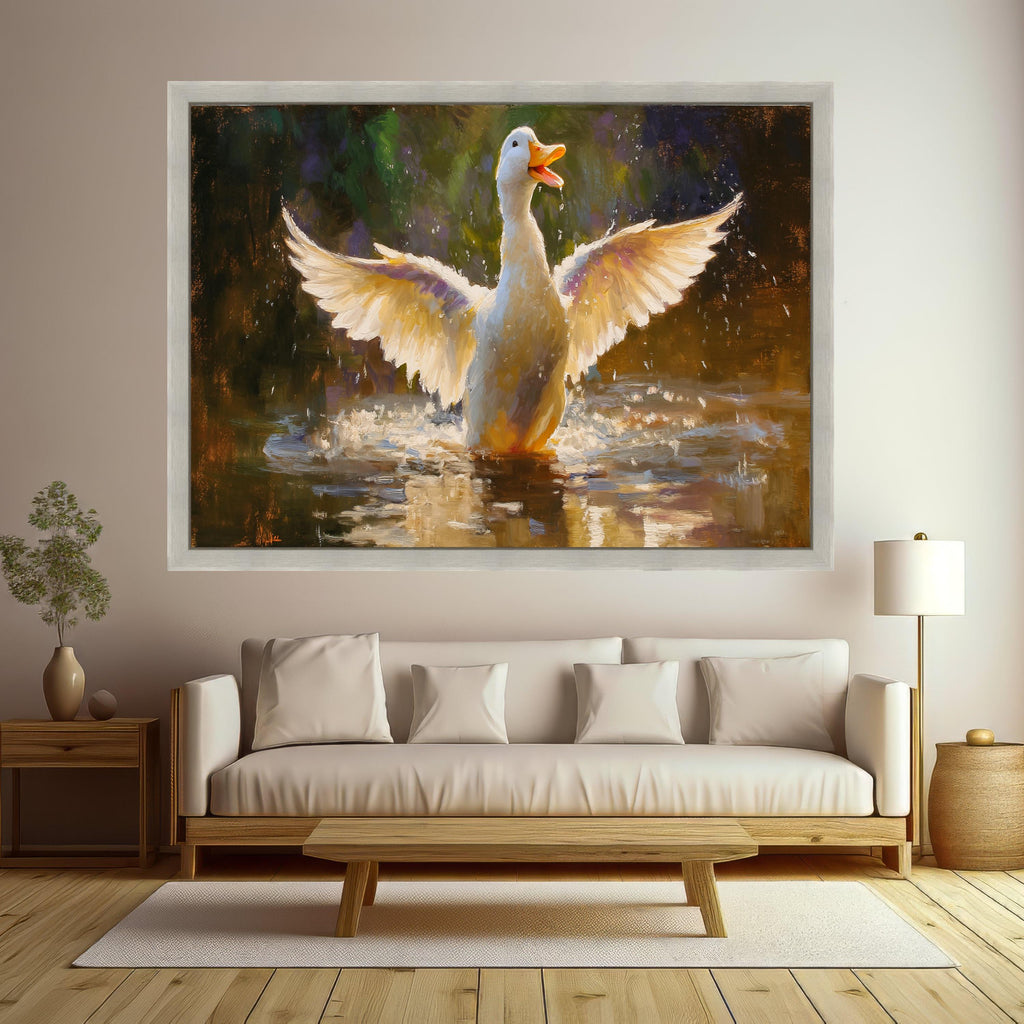 Joyful Duck in Water, Splashing Wings Canvas, Charming Animal Wall Art, Nature Wildlife Painting, Bright Pond Scene Decoration