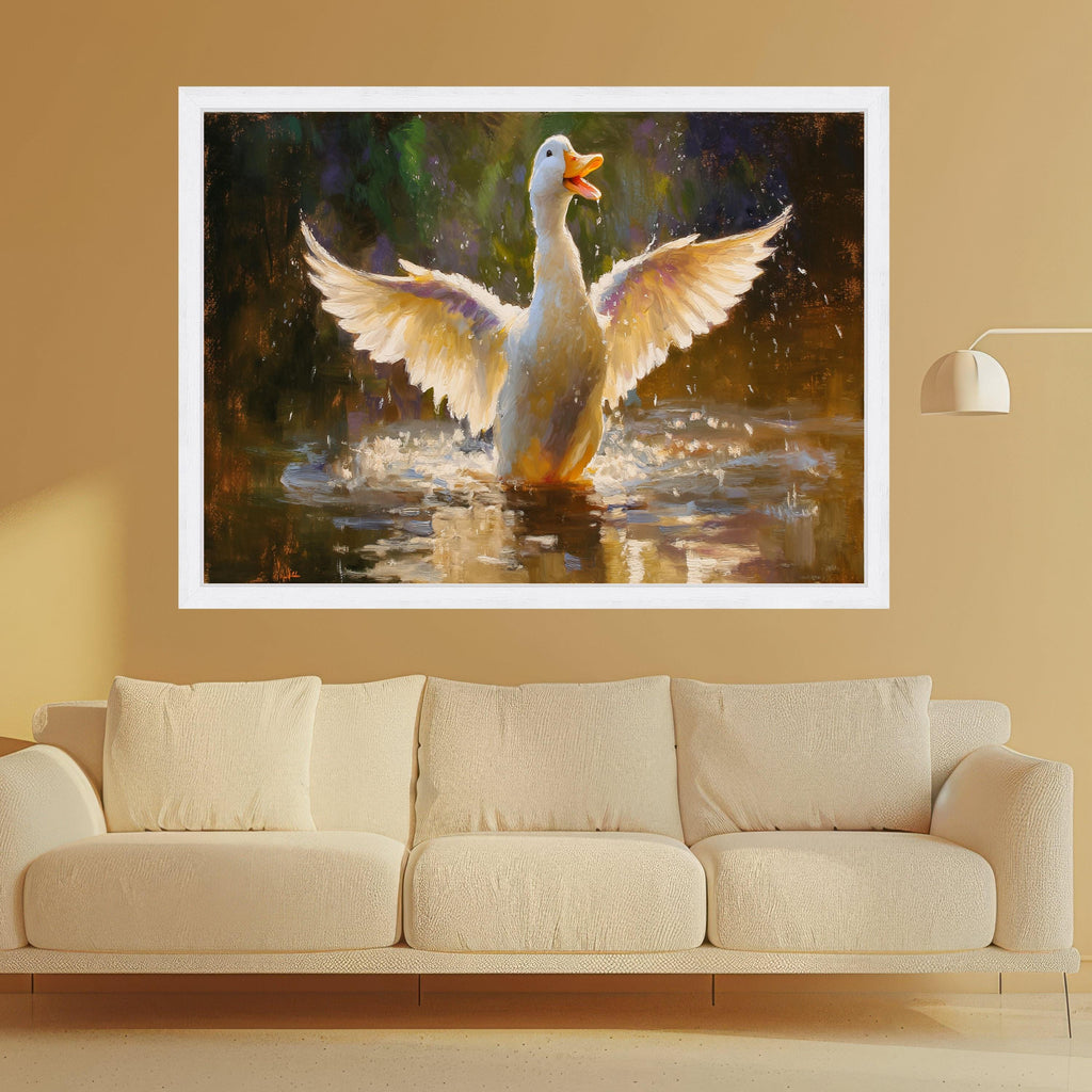 Joyful Duck in Water, Splashing Wings Canvas, Charming Animal Wall Art, Nature Wildlife Painting, Bright Pond Scene Decoration