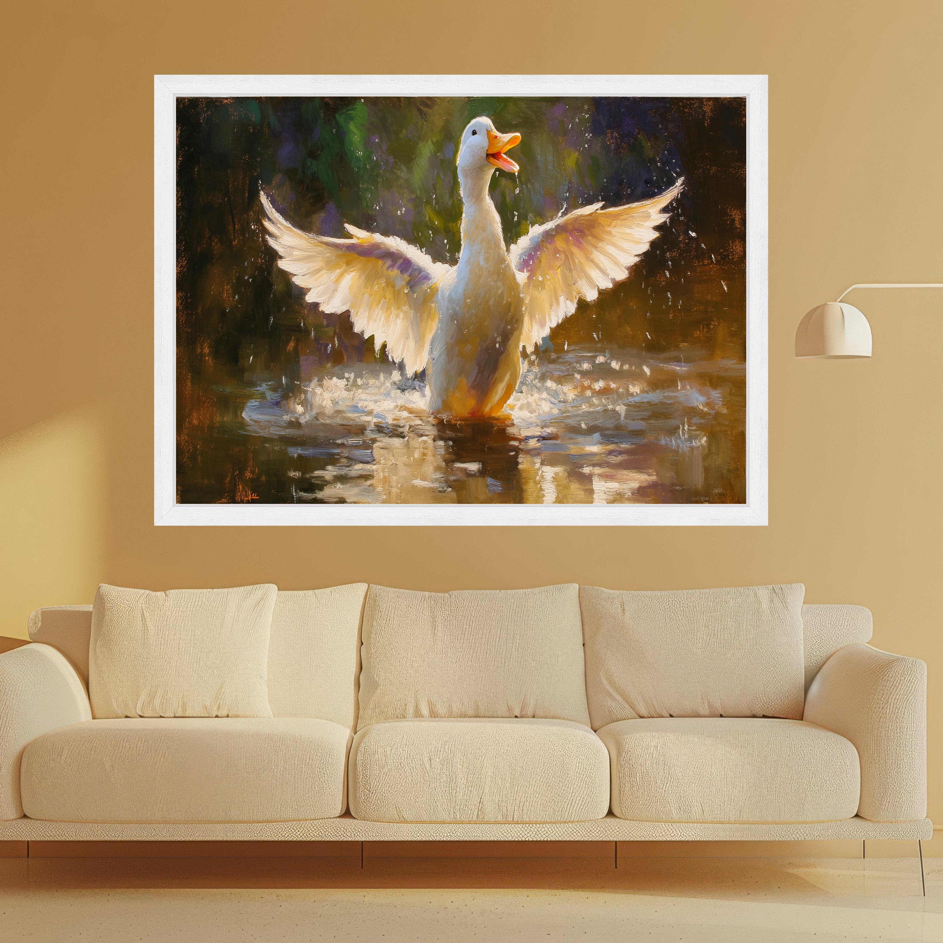 Joyful Duck in Water, Splashing Wings Canvas, Charming Animal Wall Art, Nature Wildlife Painting, Bright Pond Scene Decoration
