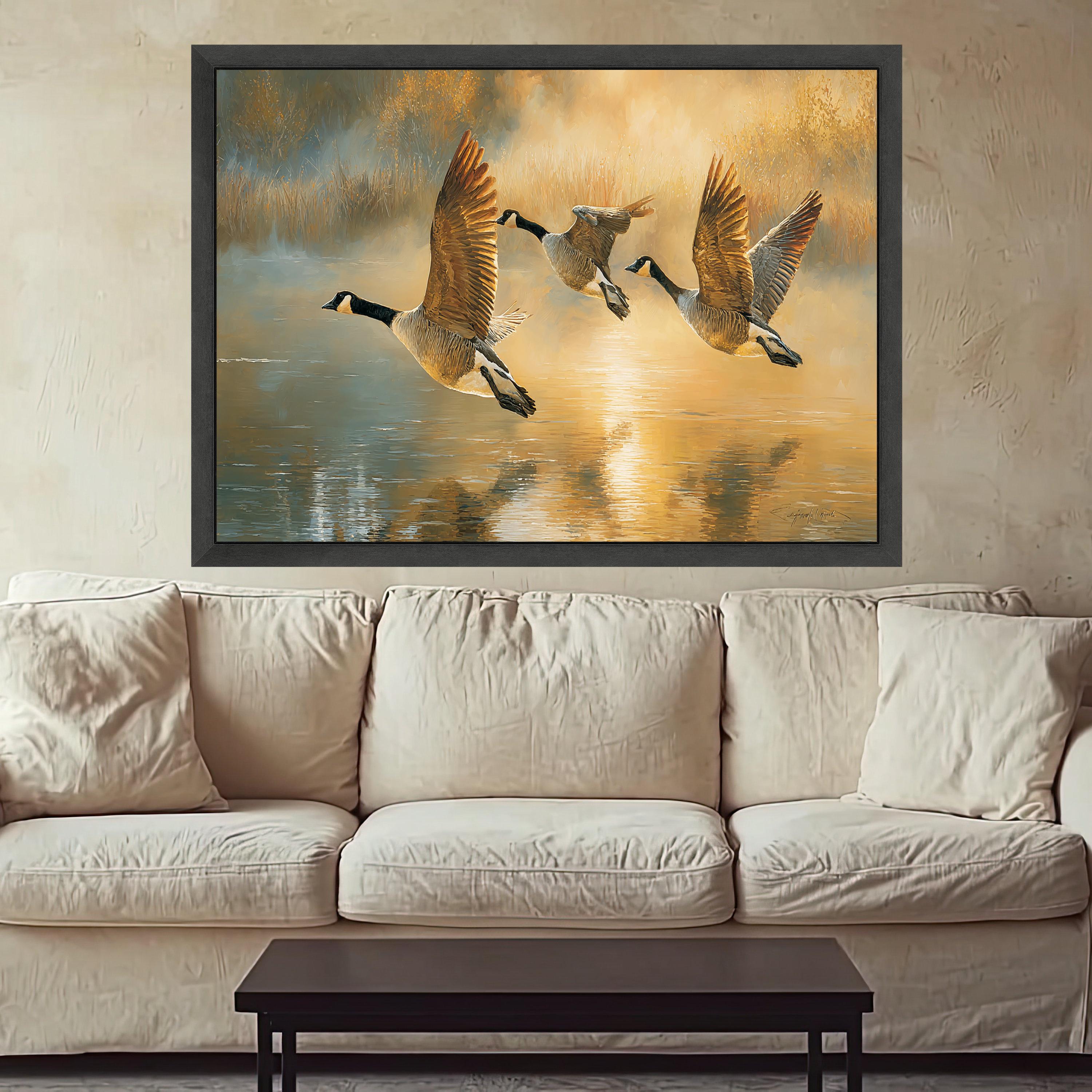 Golden Sunrise Canada Geese Flying Canvas, Nature Wildlife Wall Art, Tranquil Lake Reflection Painting, Rustic Home Decoration
