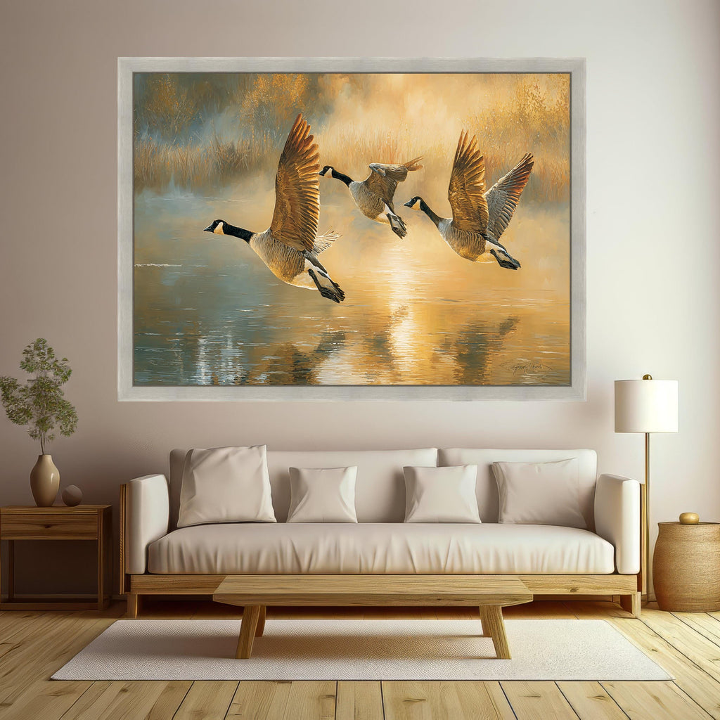 Golden Sunrise Canada Geese Flying Canvas, Nature Wildlife Wall Art, Tranquil Lake Reflection Painting, Rustic Home Decoration