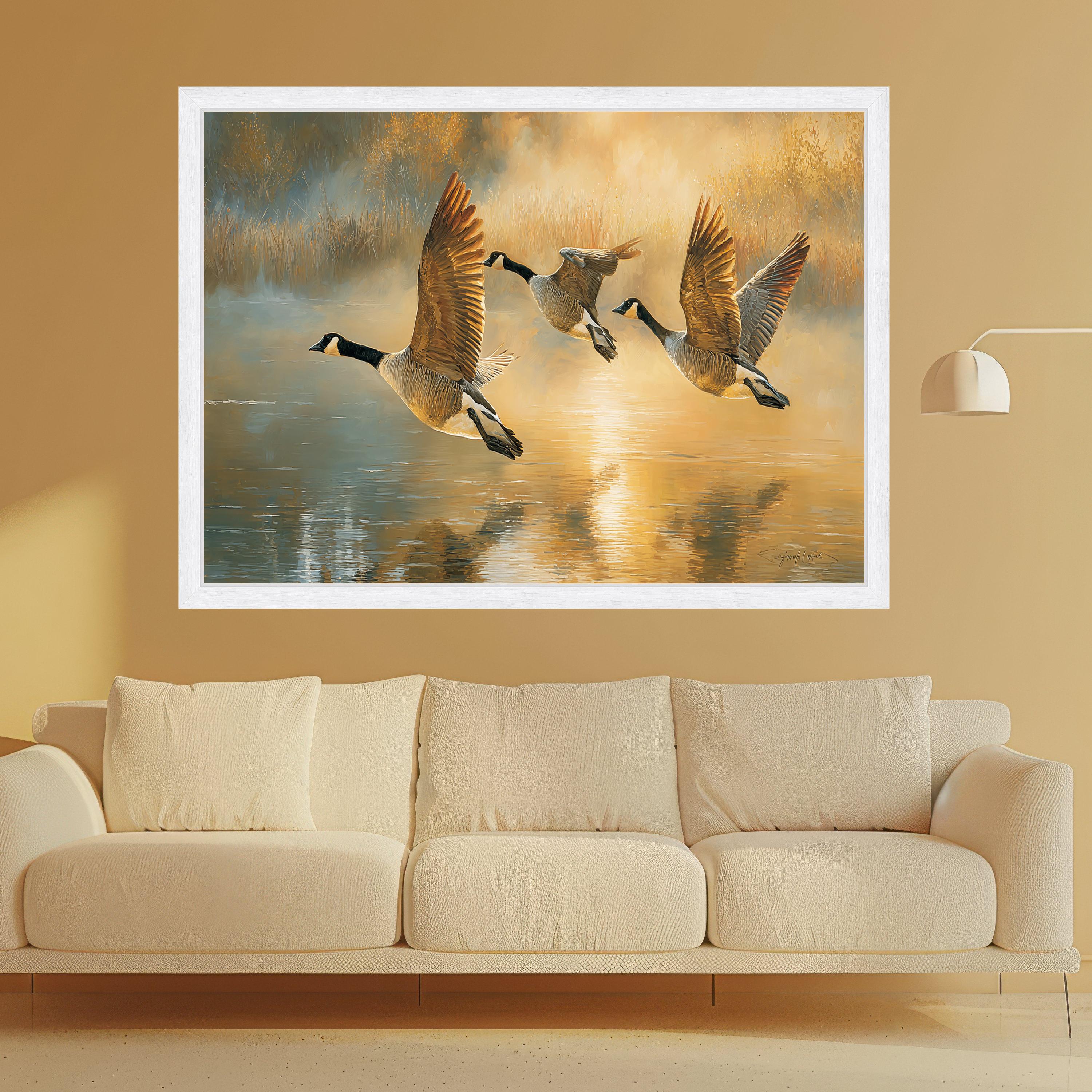 Golden Sunrise Canada Geese Flying Canvas, Nature Wildlife Wall Art, Tranquil Lake Reflection Painting, Rustic Home Decoration