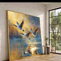 Flying Geese at Sunset Canvas Wall Art, Nature Wildlife Painting, Water Reflection Decor, Rustic Home Decoration, Outdoor Scenic Canvas