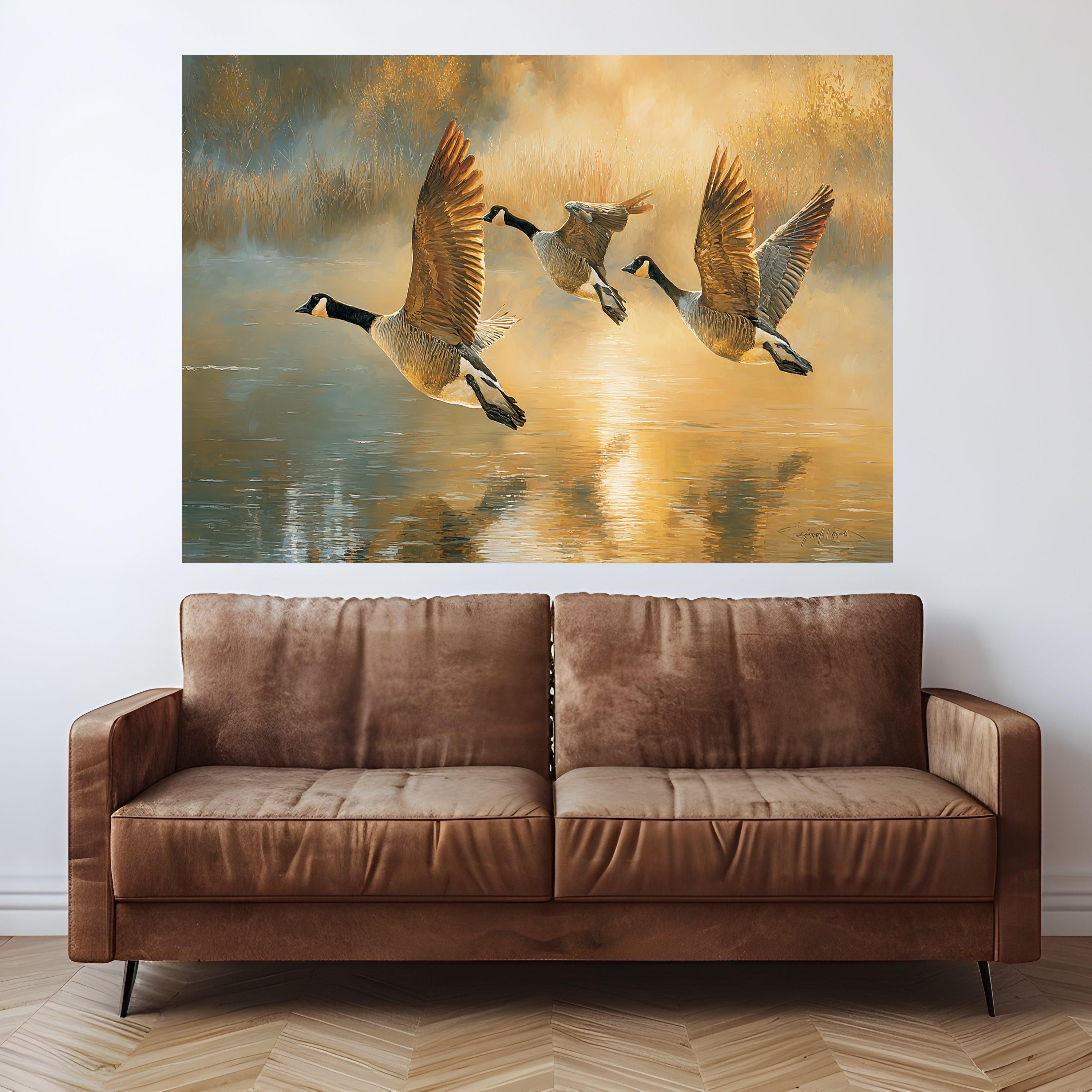 Golden Sunrise Canada Geese Flying Canvas, Nature Wildlife Wall Art, Tranquil Lake Reflection Painting, Rustic Home Decoration