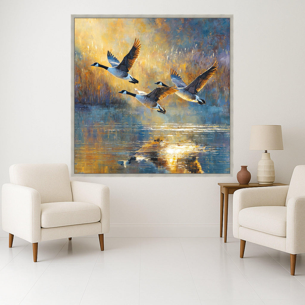 Flying Geese at Sunset Canvas Wall Art, Nature Wildlife Painting, Water Reflection Decor, Rustic Home Decoration, Outdoor Scenic Canvas