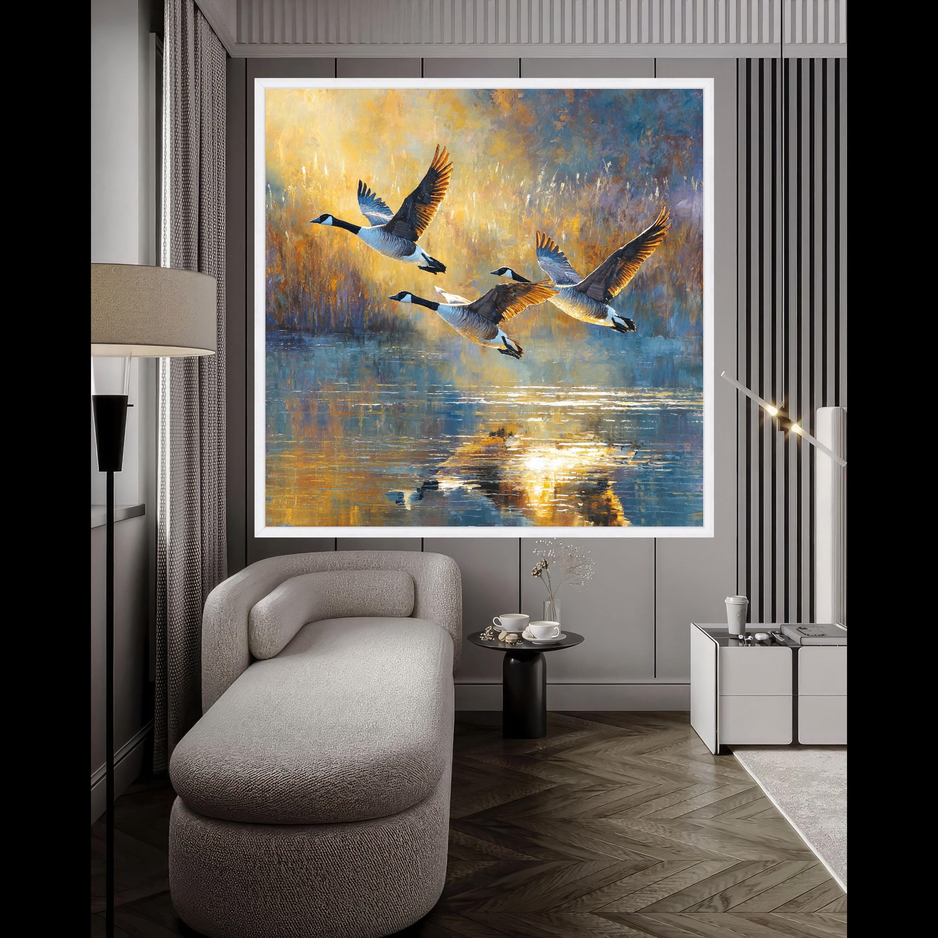 Flying Geese at Sunset Canvas Wall Art, Nature Wildlife Painting, Water Reflection Decor, Rustic Home Decoration, Outdoor Scenic Canvas