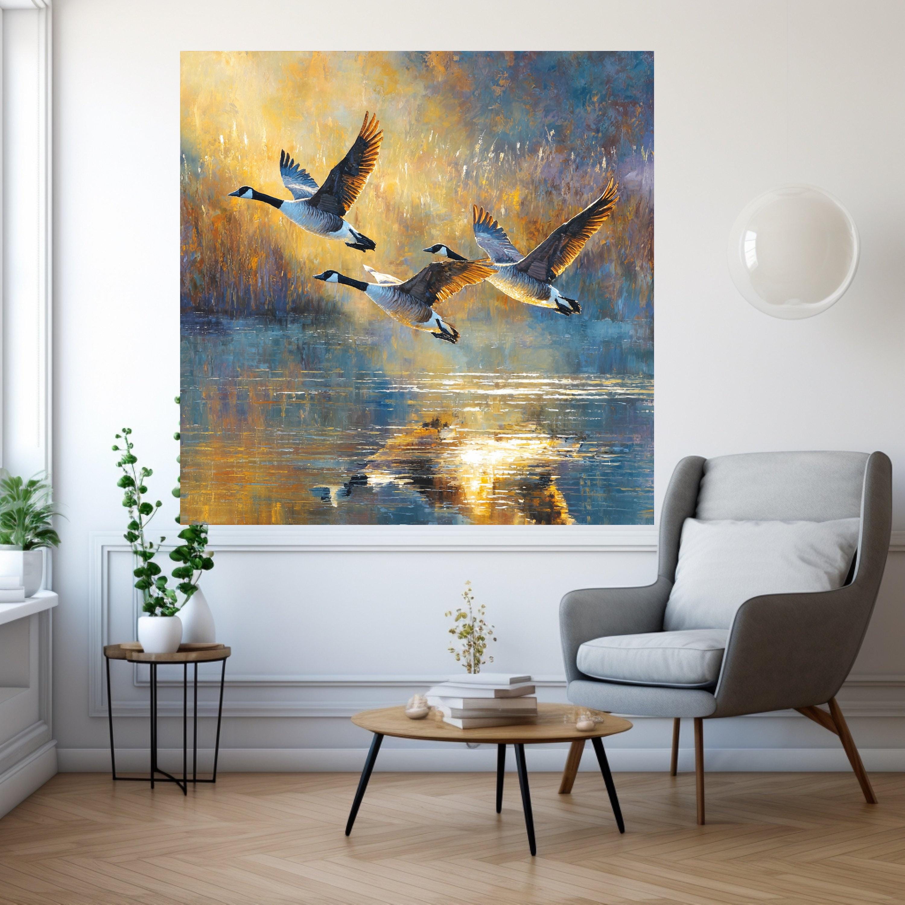 Flying Geese at Sunset Canvas Wall Art, Nature Wildlife Painting, Water Reflection Decor, Rustic Home Decoration, Outdoor Scenic Canvas
