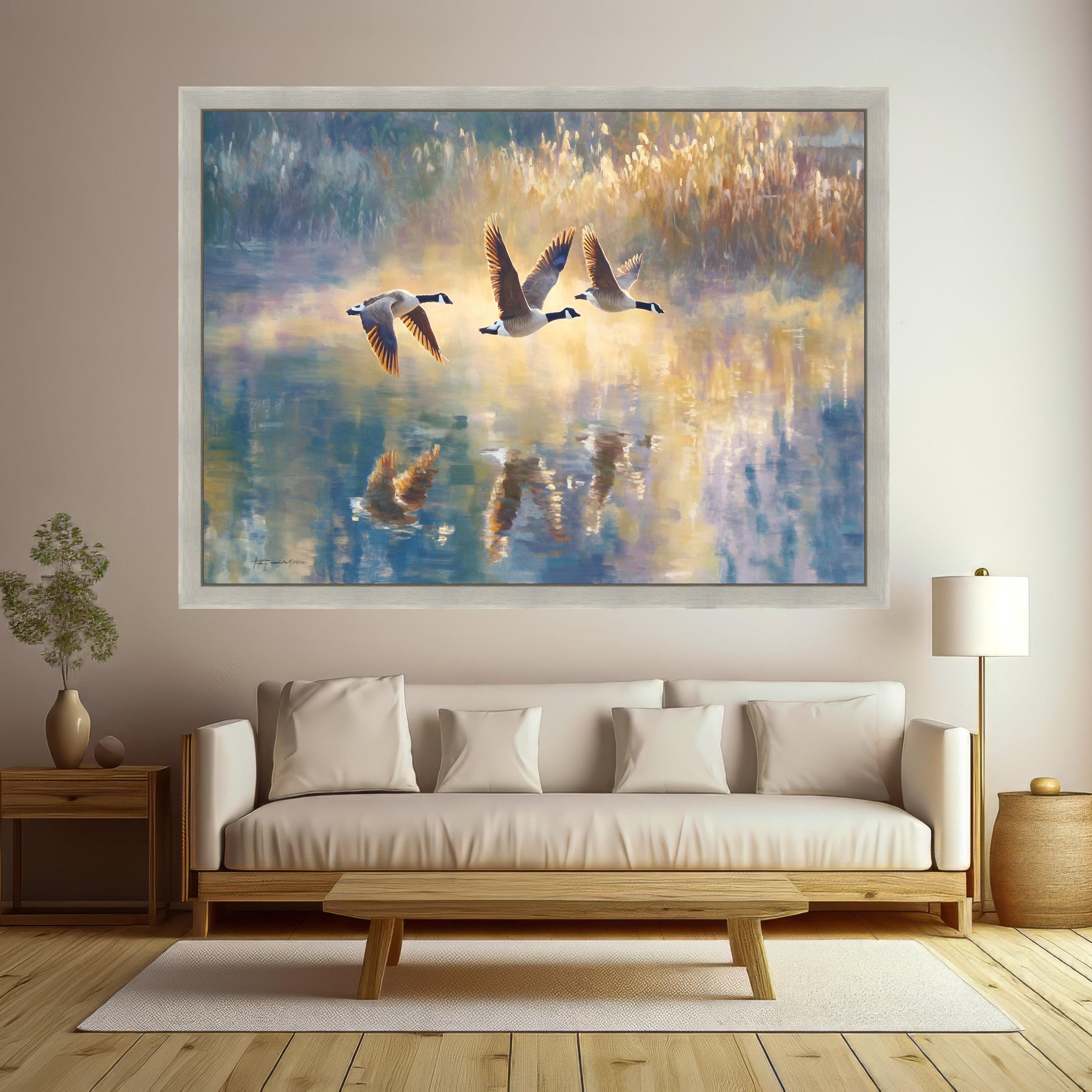 Canada Geese Flying Above Lake Canvas, Bird Wall Art, Nature Reflection Painting, Wildlife Landscape Canvas, Home Decor Art Print