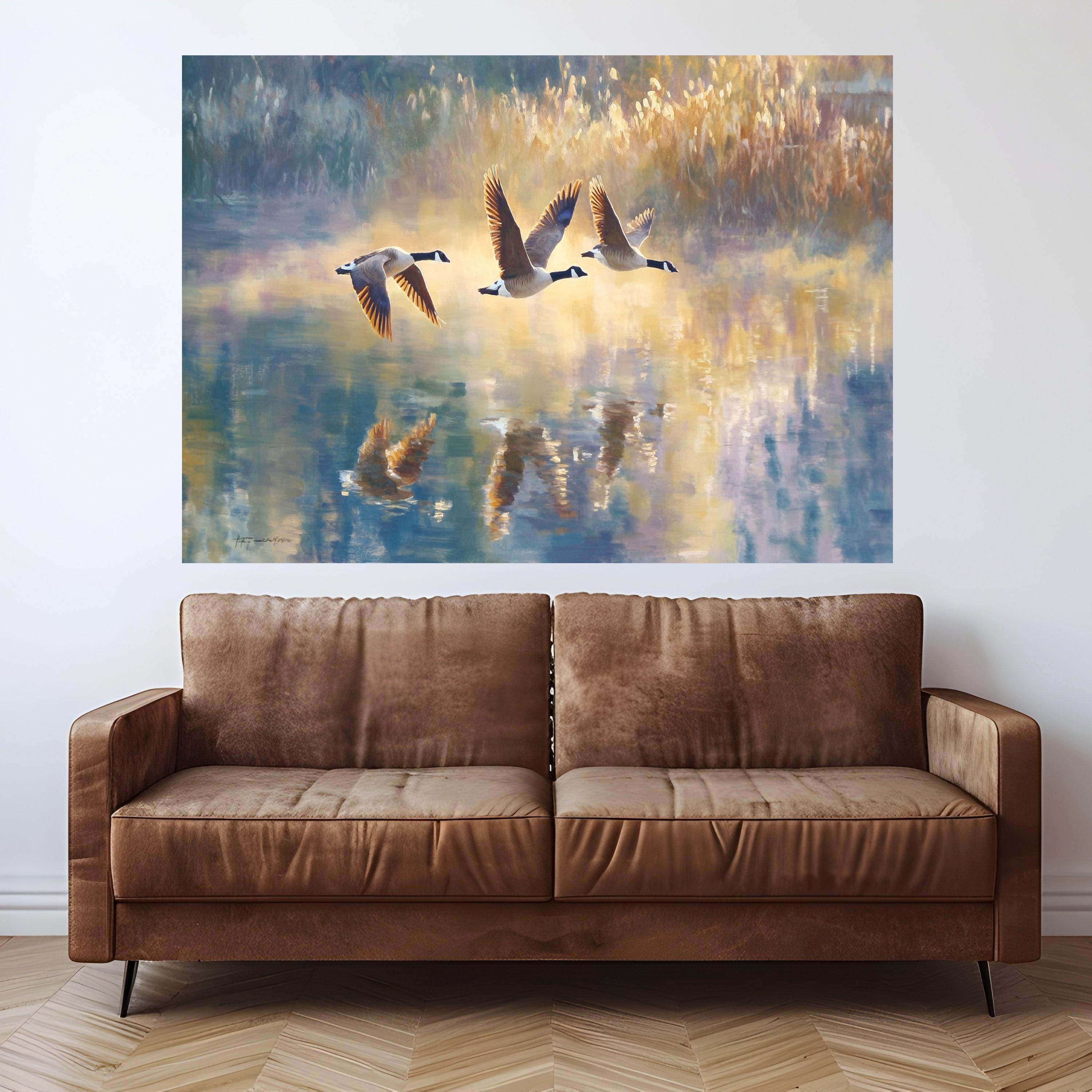 Canada Geese Flying Above Lake Canvas, Bird Wall Art, Nature Reflection Painting, Wildlife Landscape Canvas, Home Decor Art Print
