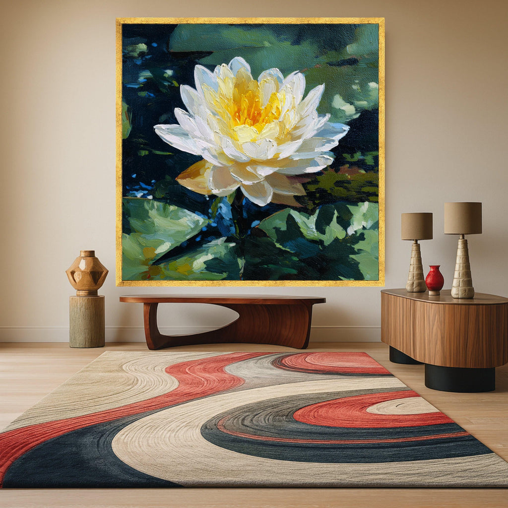 Luminous Water Lily Canvas, Floral Nature Wall Art, Yellow White Flower, Pond Scene Print, Botanical Canvas Decoration