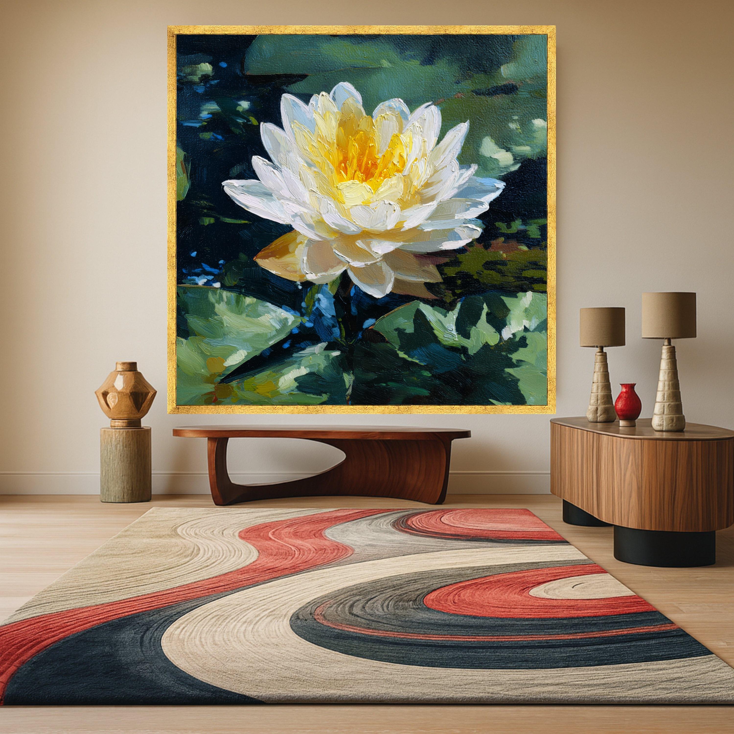 Luminous Water Lily Canvas, Floral Nature Wall Art, Yellow White Flower, Pond Scene Print, Botanical Canvas Decoration
