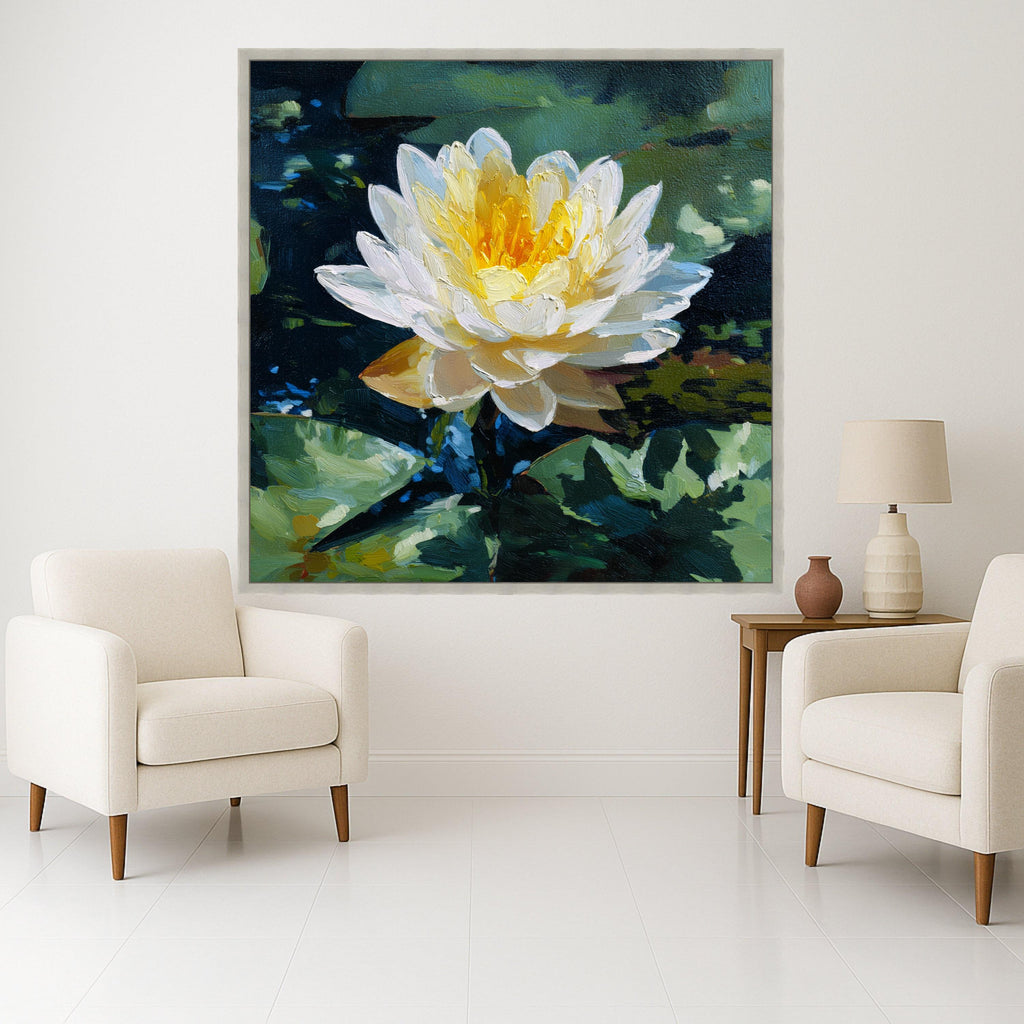 Luminous Water Lily Canvas, Floral Nature Wall Art, Yellow White Flower, Pond Scene Print, Botanical Canvas Decoration
