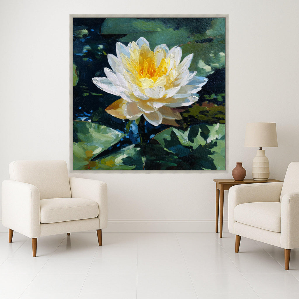 Luminous Water Lily Canvas, Floral Nature Wall Art, Yellow White Flower, Pond Scene Print, Botanical Canvas Decoration