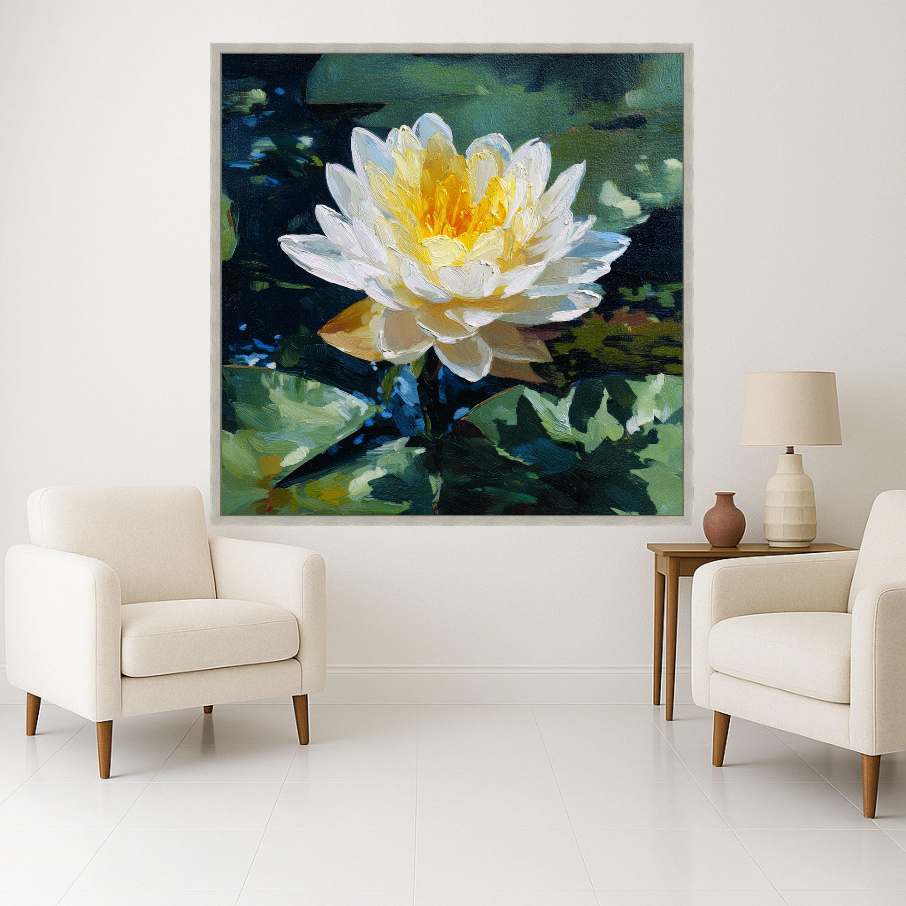 Luminous Water Lily Canvas, Floral Nature Wall Art, Yellow White Flower, Pond Scene Print, Botanical Canvas Decoration