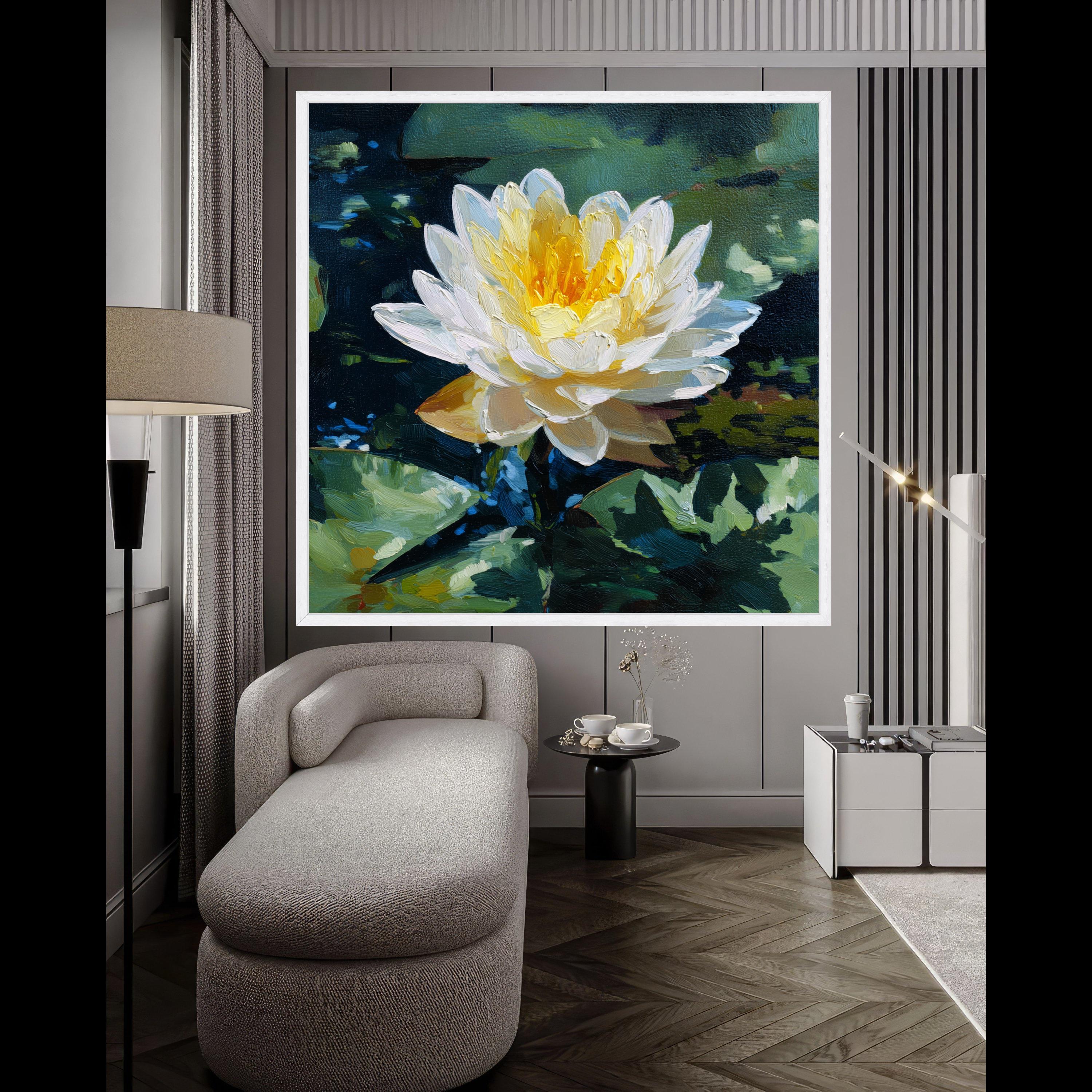 Luminous Water Lily Canvas, Floral Nature Wall Art, Yellow White Flower, Pond Scene Print, Botanical Canvas Decoration