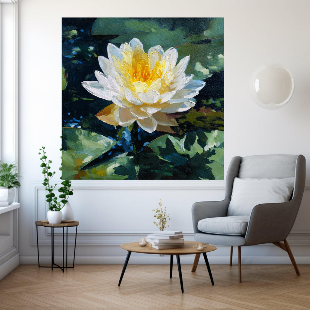 Luminous Water Lily Canvas, Floral Nature Wall Art, Yellow White Flower, Pond Scene Print, Botanical Canvas Decoration