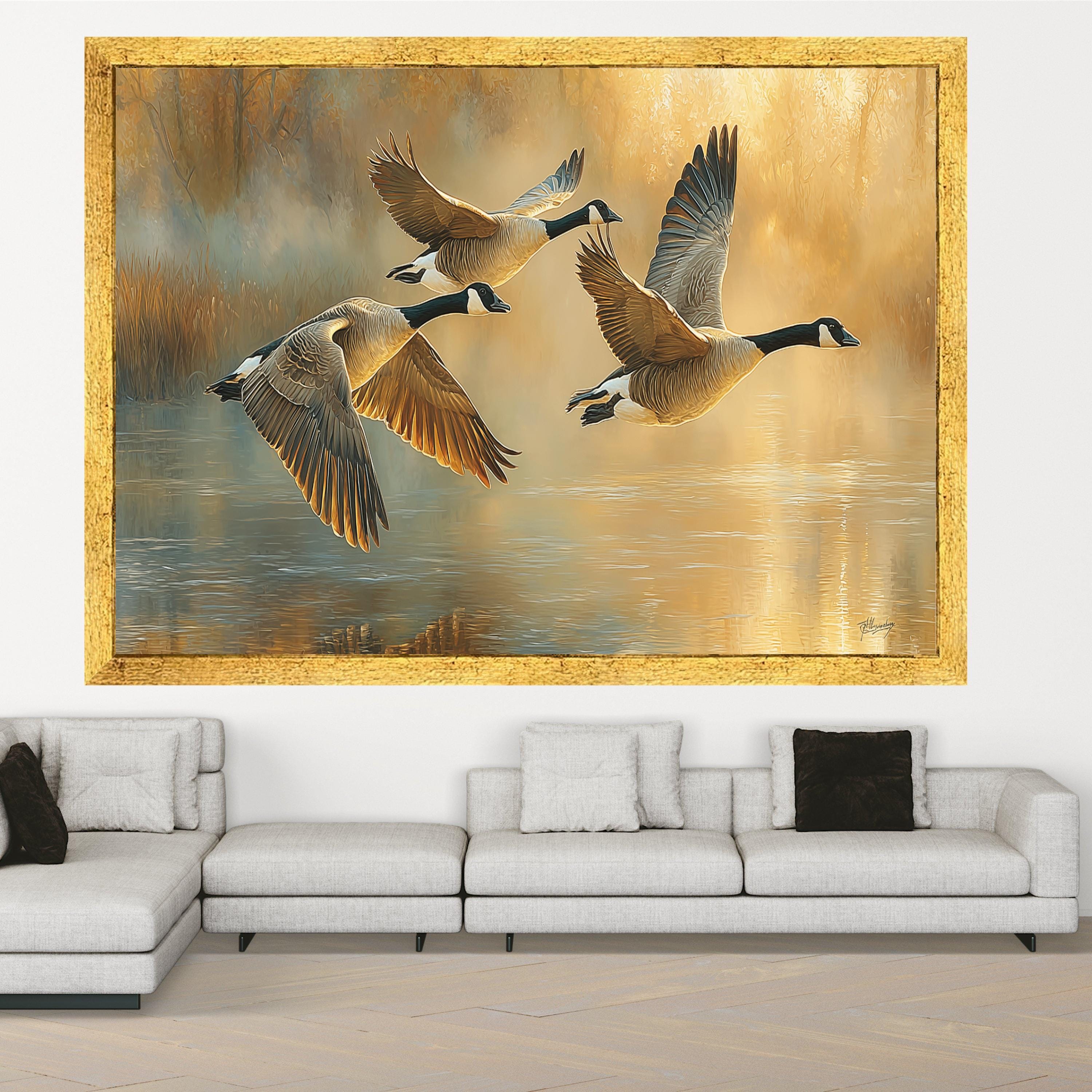 Canada Geese Flying Over Lake Canvas, Nature Wildlife Wall Art, Golden Hour Landscape, Waterfowl Decor, Rustic Home Decoration
