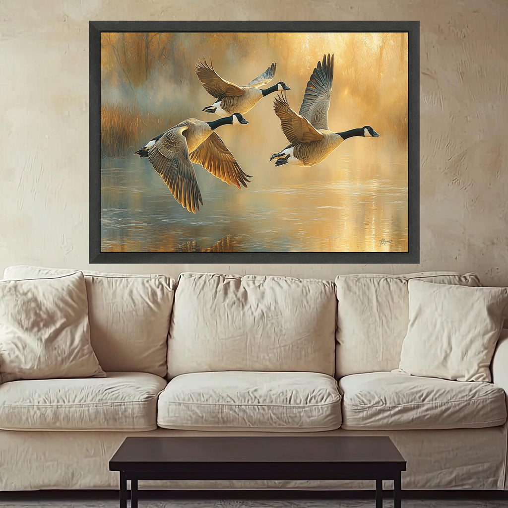 Canada Geese Flying Over Lake Canvas, Nature Wildlife Wall Art, Golden Hour Landscape, Waterfowl Decor, Rustic Home Decoration