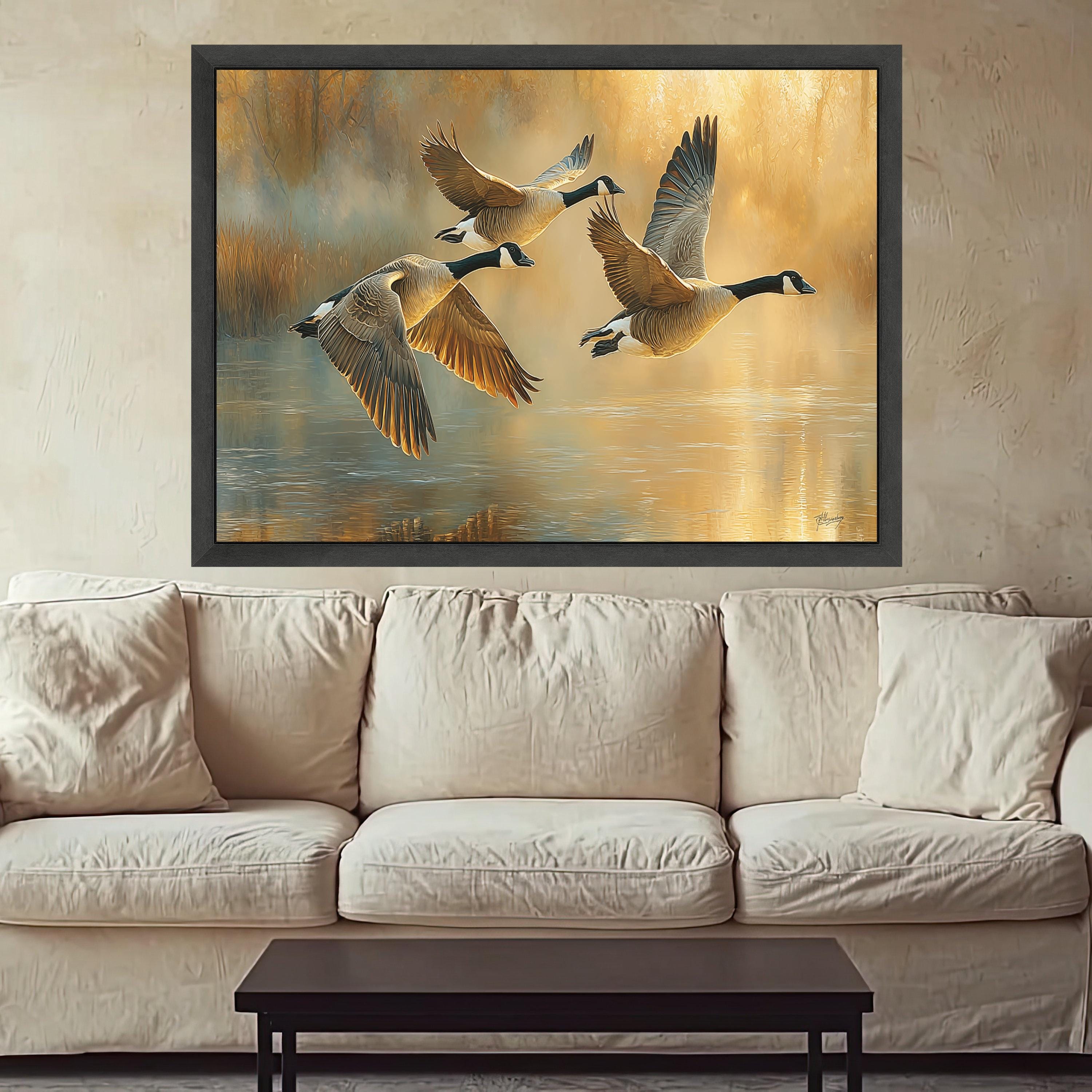 Canada Geese Flying Over Lake Canvas, Nature Wildlife Wall Art, Golden Hour Landscape, Waterfowl Decor, Rustic Home Decoration