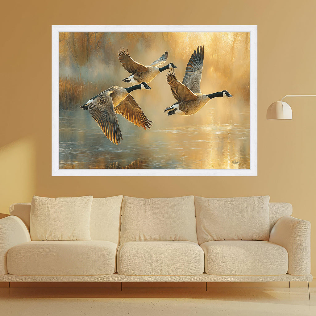Canada Geese Flying Over Lake Canvas, Nature Wildlife Wall Art, Golden Hour Landscape, Waterfowl Decor, Rustic Home Decoration