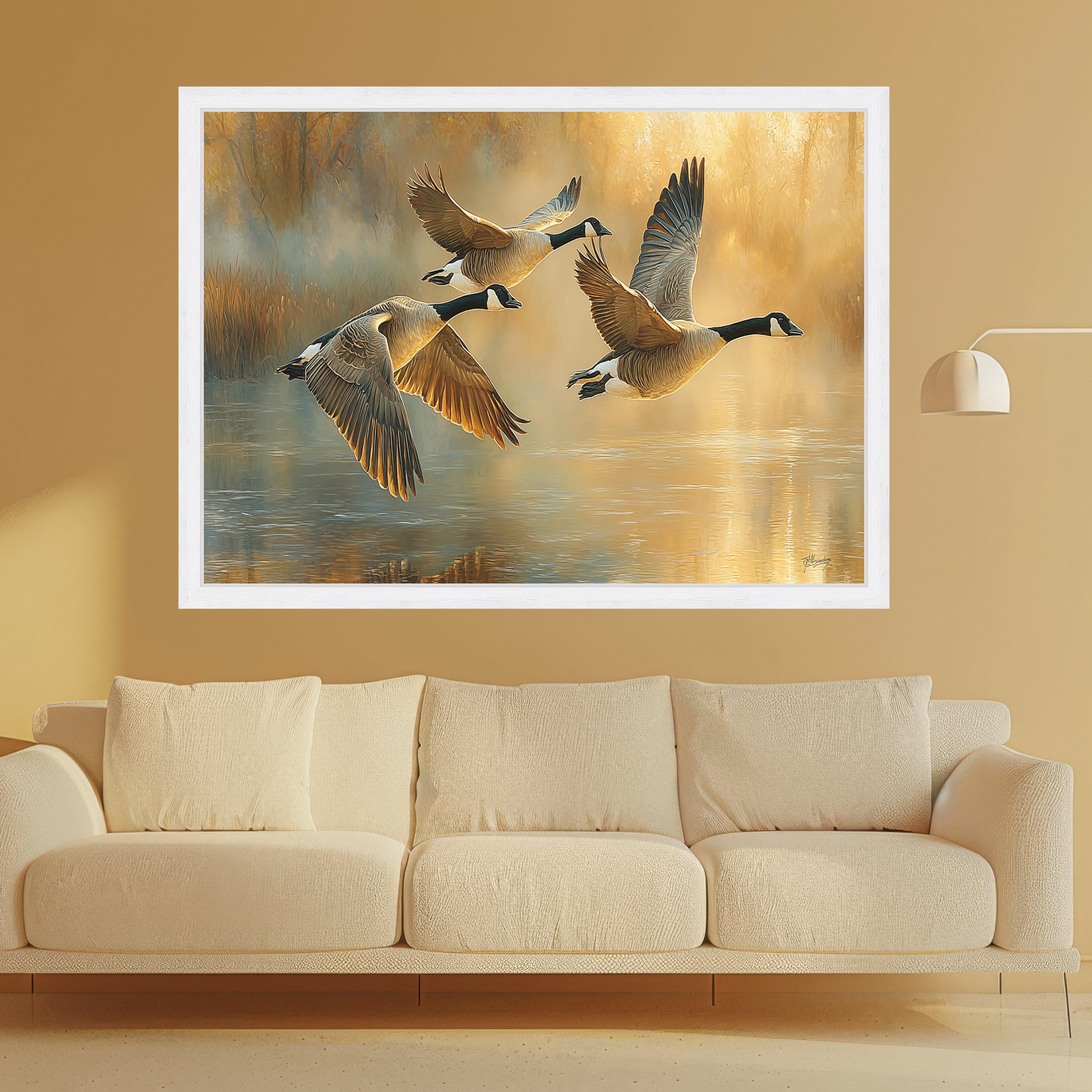Canada Geese Flying Over Lake Canvas, Nature Wildlife Wall Art, Golden Hour Landscape, Waterfowl Decor, Rustic Home Decoration