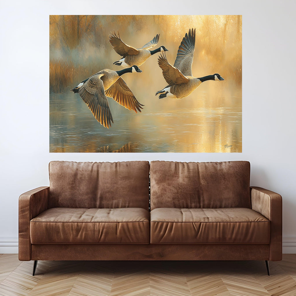 Canada Geese Flying Over Lake Canvas, Nature Wildlife Wall Art, Golden Hour Landscape, Waterfowl Decor, Rustic Home Decoration